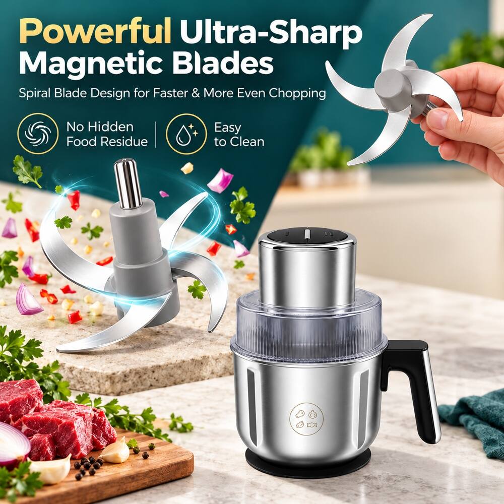 Powerful Ultra-Sharp Magnetic Blades  
Spiral Blade Design for Faster & More Even Chopping  
No Hidden Food Residue  
Easy to Clean