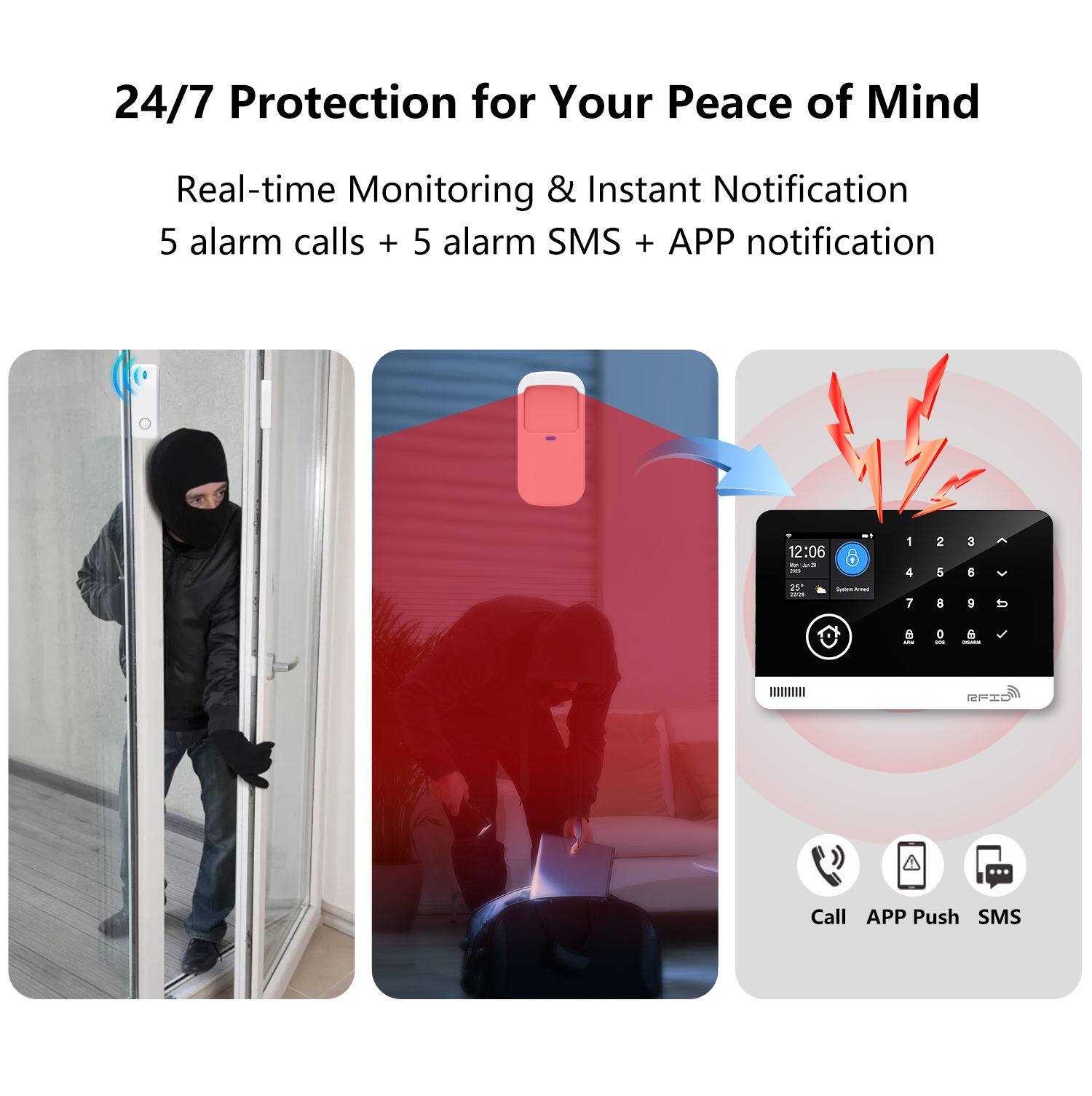 24/7 Protection for Your Peace of Mind

Real-time Monitoring & Instant Notification

5 alarm calls + 5 alarm SMS + APP notification

Call APP Push SMS