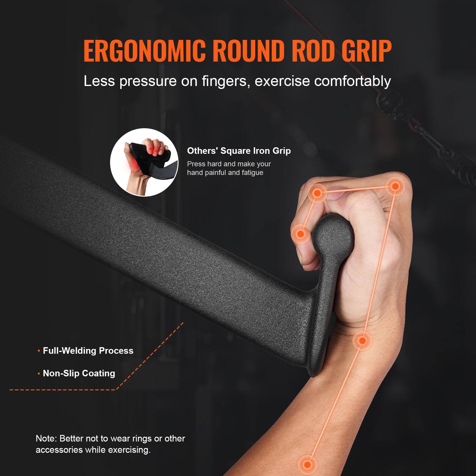 ERGONOMIC ROUND ROD GRIP  
Less pressure on fingers, exercise comfortably  

Others' Square Iron Grip  
Press hard and make your hand painful and fatigue  

Full-Welding Process  
Non-Slip Coating  

Note: Better not to wear rings or other accessories while exercising.