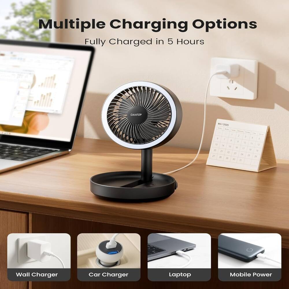 Multiple Charging Options  
Fully Charged in 5 Hours  

GAIATOP  

May 2025  

1 2 3  
1 a 1 1 .  
10 TY 1 12  
TM M 1 20 18 1 21 22 23 21 27 a 2 28 29 30  

Wall Charger  
Car Charger  
Laptop  
Mobile Power
