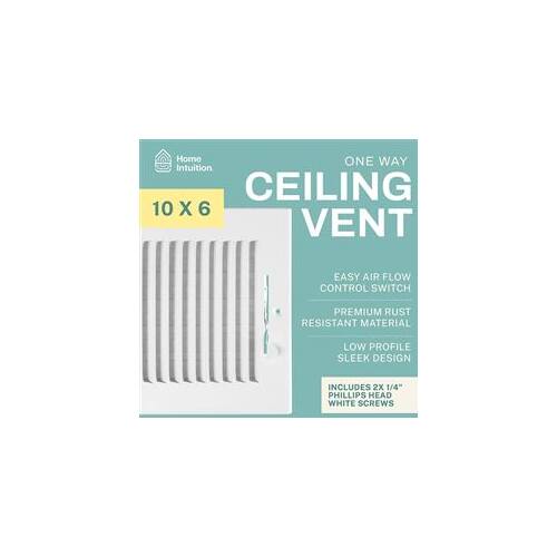 Home ONE WAY Intuition CEILING VENT 10 X 6  
EASY AIR FLOW CONTROL SWITCH  
PREMIUM RUST RESISTANT MATERIAL  
LOW PROFILE SLEEK DESIGN  
INCLUDES 2X 1/4" PHILLIPS HEAD WHITE SCREWS