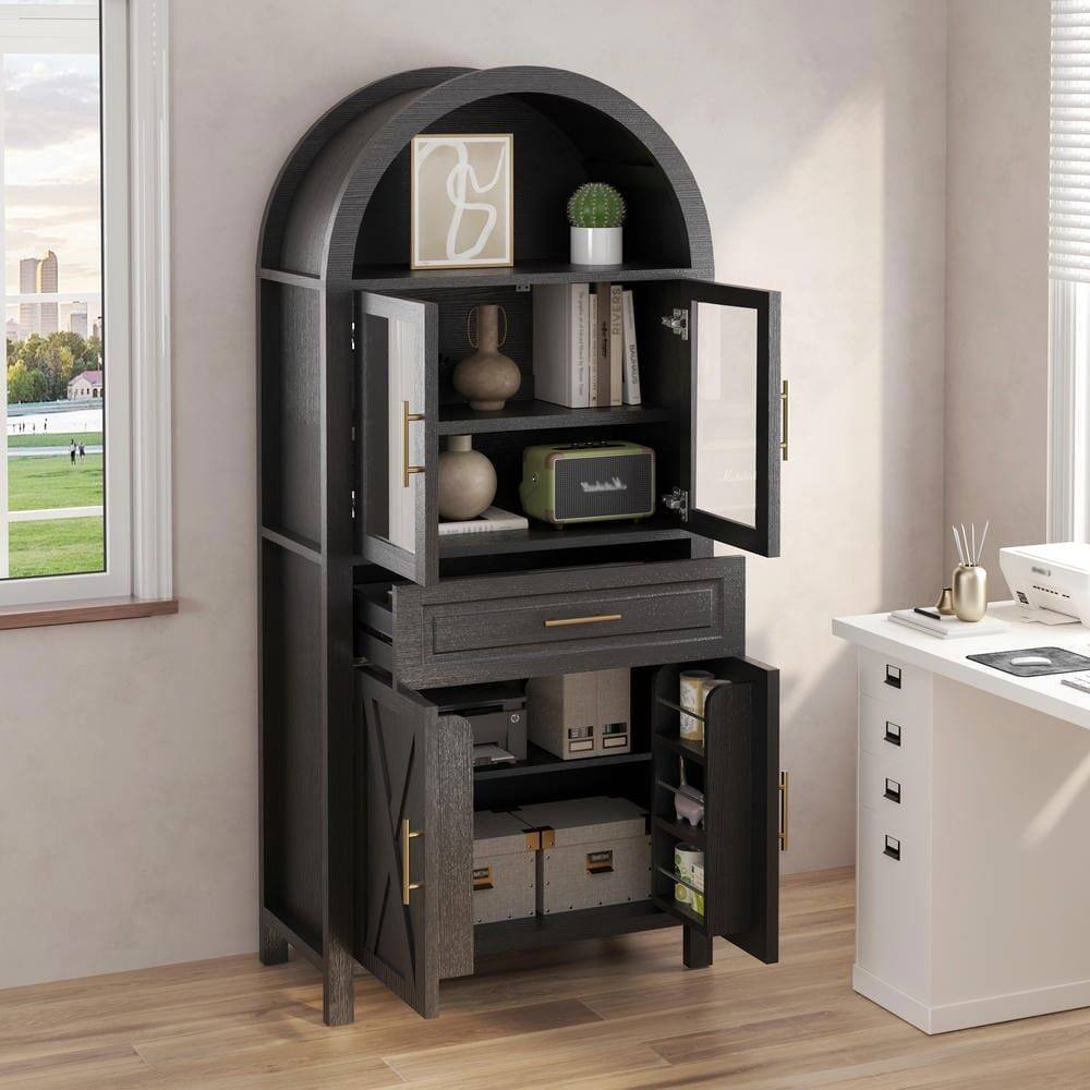 Left. Kadyn - 71" Arched Pantry Cabinet with Glass Door and Barn Door Design - Black - Black.