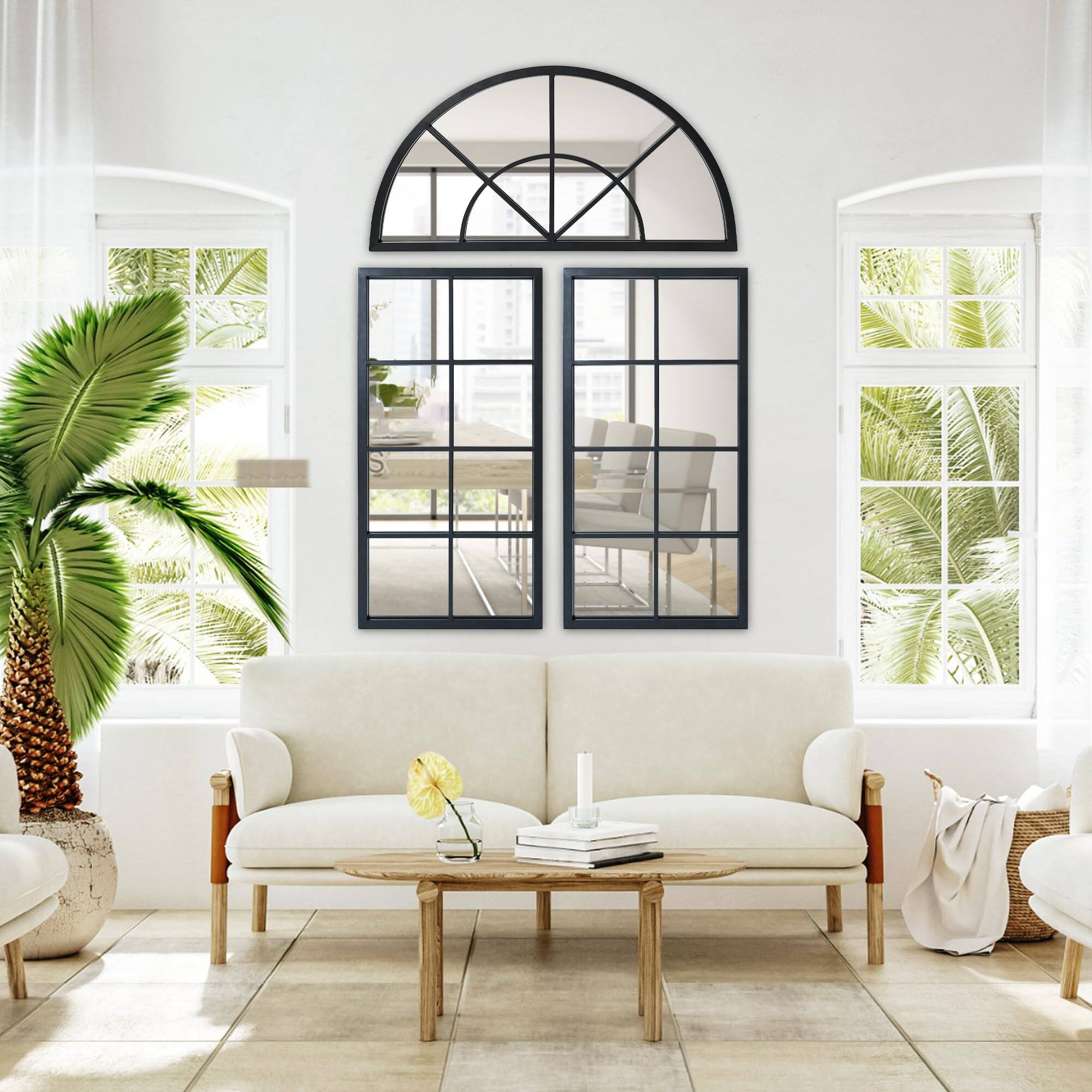 Alt View 2. Cedar Assembly - Arched Window Pane Wall Mirrors Set Of 3 47 24 31 5" Diy Window-shaped Decorative Art Mirror Metal Window... - Black-spliced-47.2"L x 31.5"W.