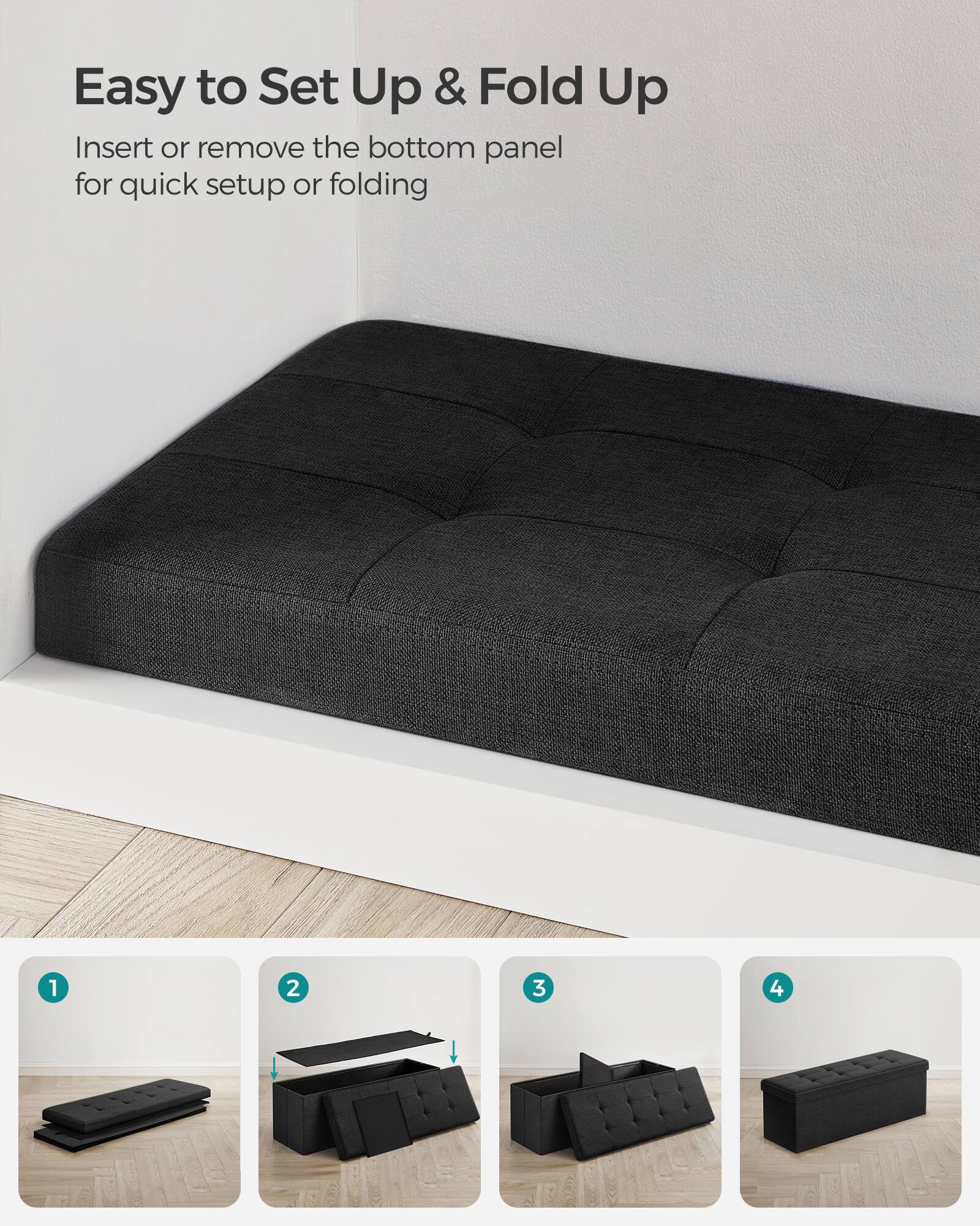 Easy to Set Up & Fold Up

Insert or remove the bottom panel for quick setup or folding

1. [Image of the bottom panel]
2. [Image of the sofa with the bottom panel removed]
3. [Image of the sofa being folded]
4. [Image of the folded sofa]