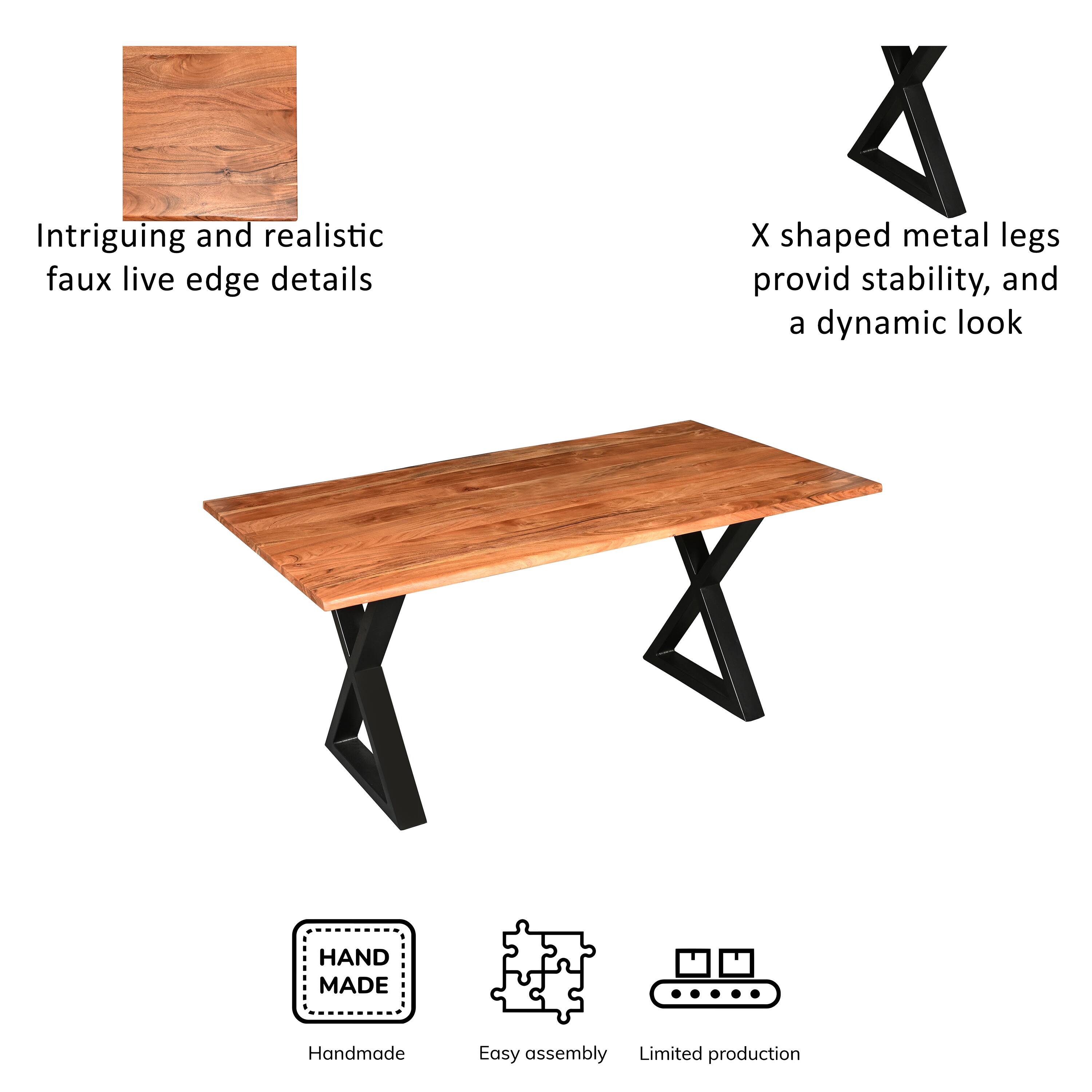 Intriguing and realistic faux live edge details, X shaped metal legs provide stability, and a dynamic look. Handmade, Easy assembly, Limited production.