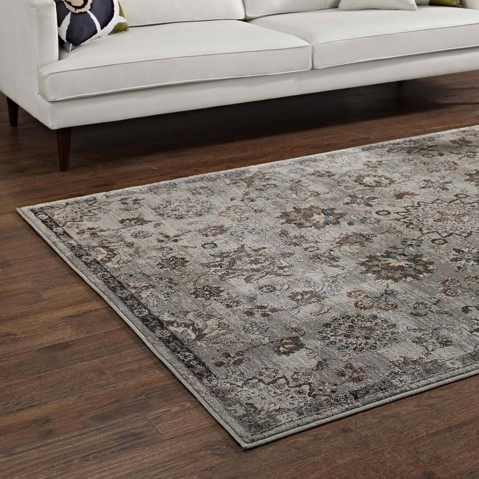 Back. Modway - Hana Distressed Vintage FloralLattice Area Rug - Silver Blue Beige and Brown.