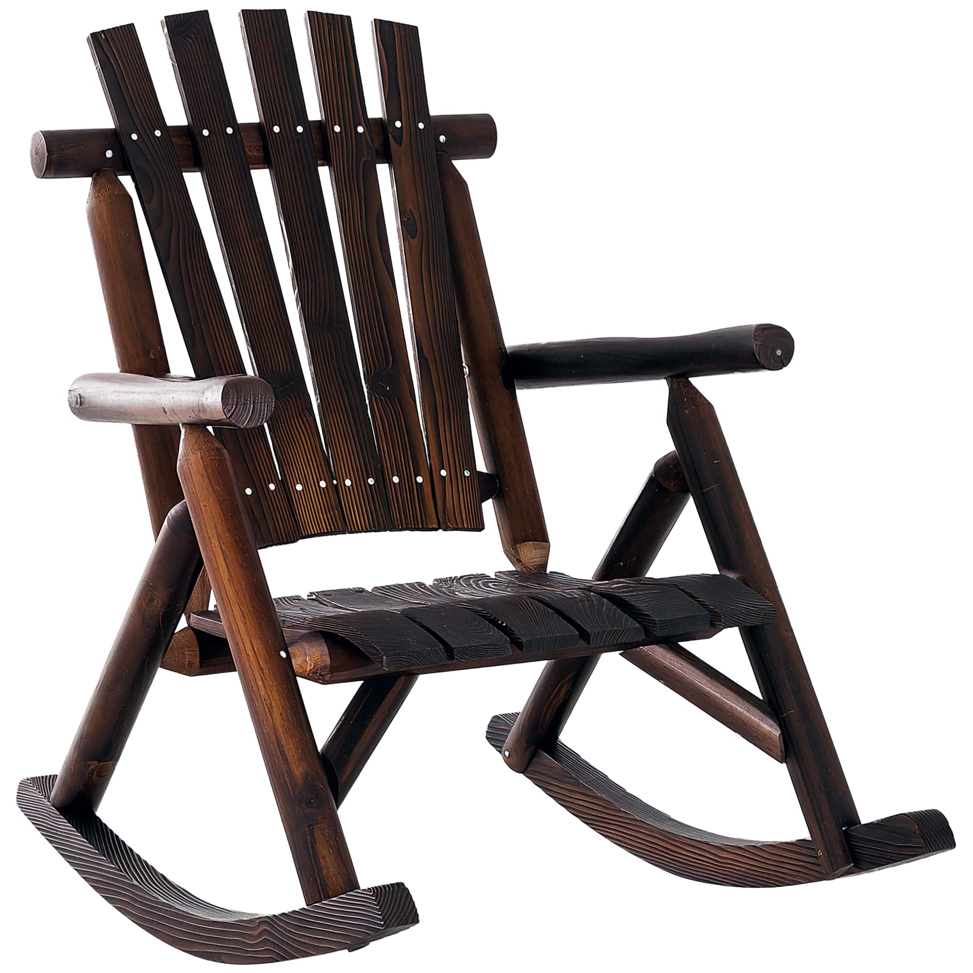 Outsunny - Outdoor Wooden Rocking Chair, Single-Person Rustic Adirondack Rocker with Slatted Seat, High Backrest - Carbonized
