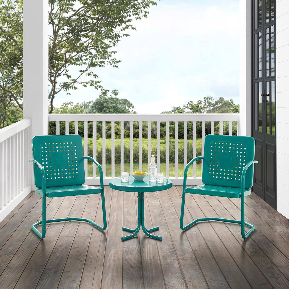 Alt View 6. Crosley Furniture - Bates 3Pc Retro Outdoor Chair Set - Side Table & 2 Armchairs - Turquoise Gloss.
