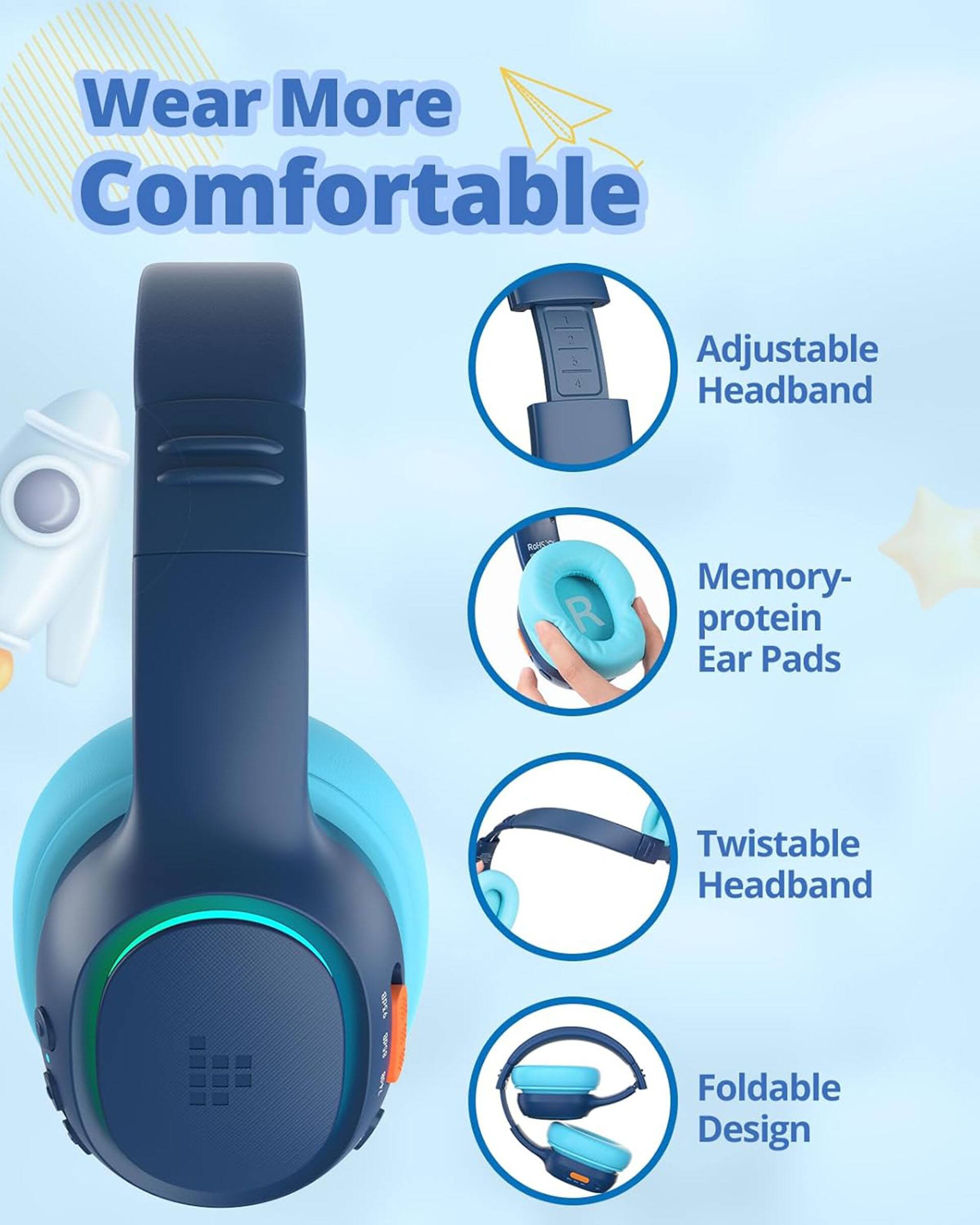 Wear More Comfortable Headphones:
1. Adjustable Headband
2. Memory-protein Ear Pads
3. Twistable Headband
4. Foldable Design