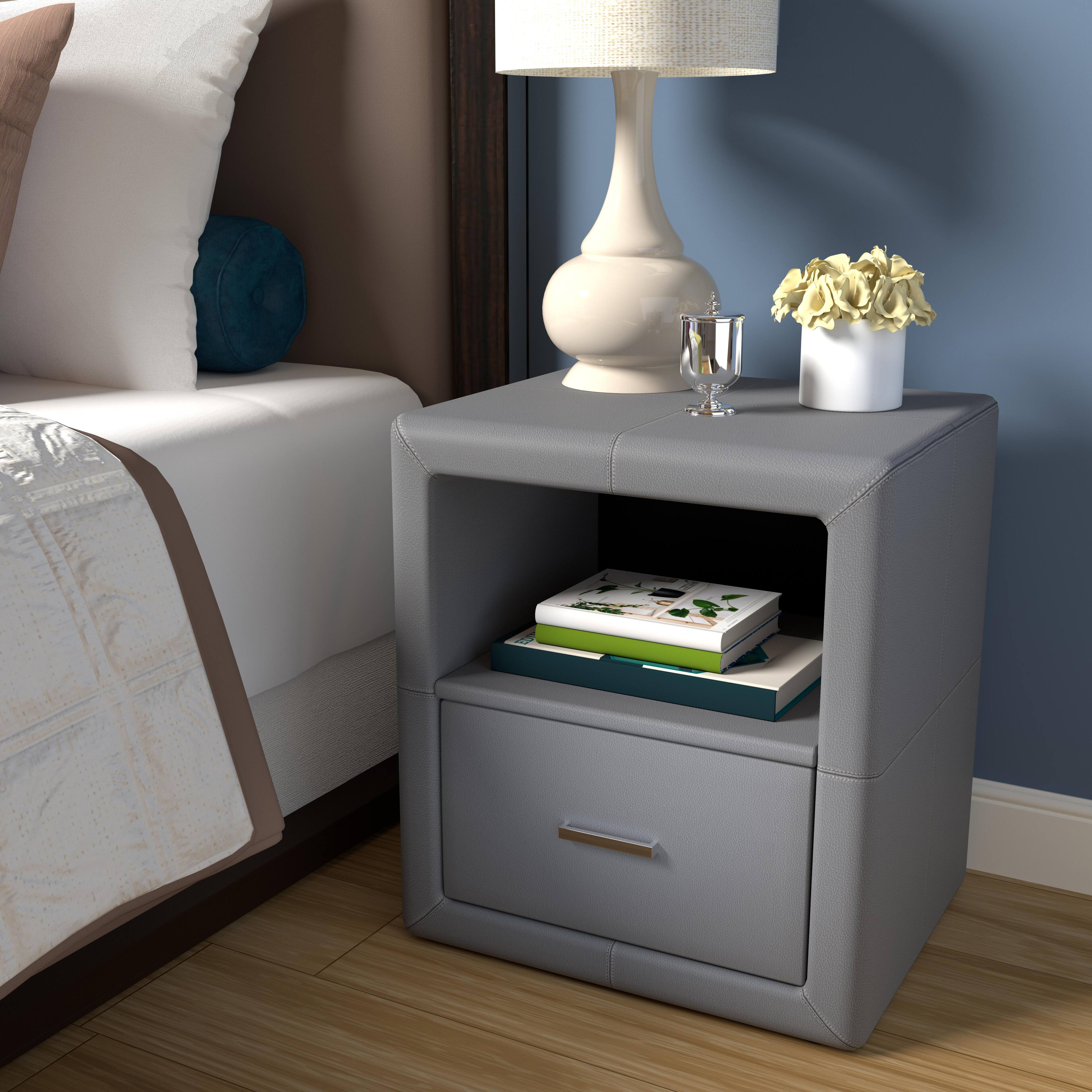 Alt View 3. Boyd Sleep - Boyd Sleep Lombardi Faux Leather One Drawer Nightstand- Pre-Assembled- Low profile bedroom end table - Grey.