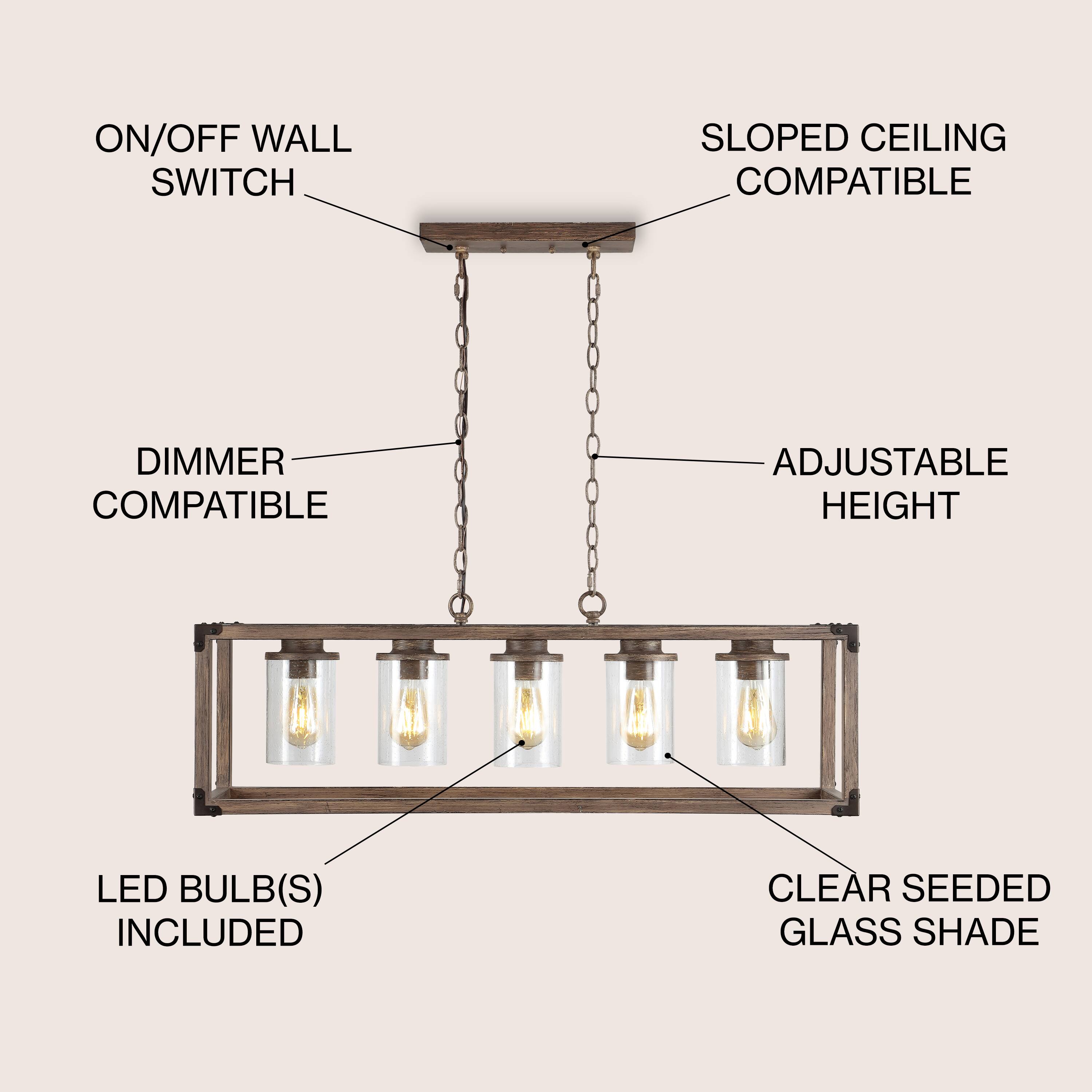 ON/OFF WALL SWITCH  
SLOPED CEILING COMPATIBLE  
DIMMER COMPATIBLE  
ADJUSTABLE HEIGHT  
LED BULB(S) INCLUDED  
CLEAR SEEDED GLASS SHADE