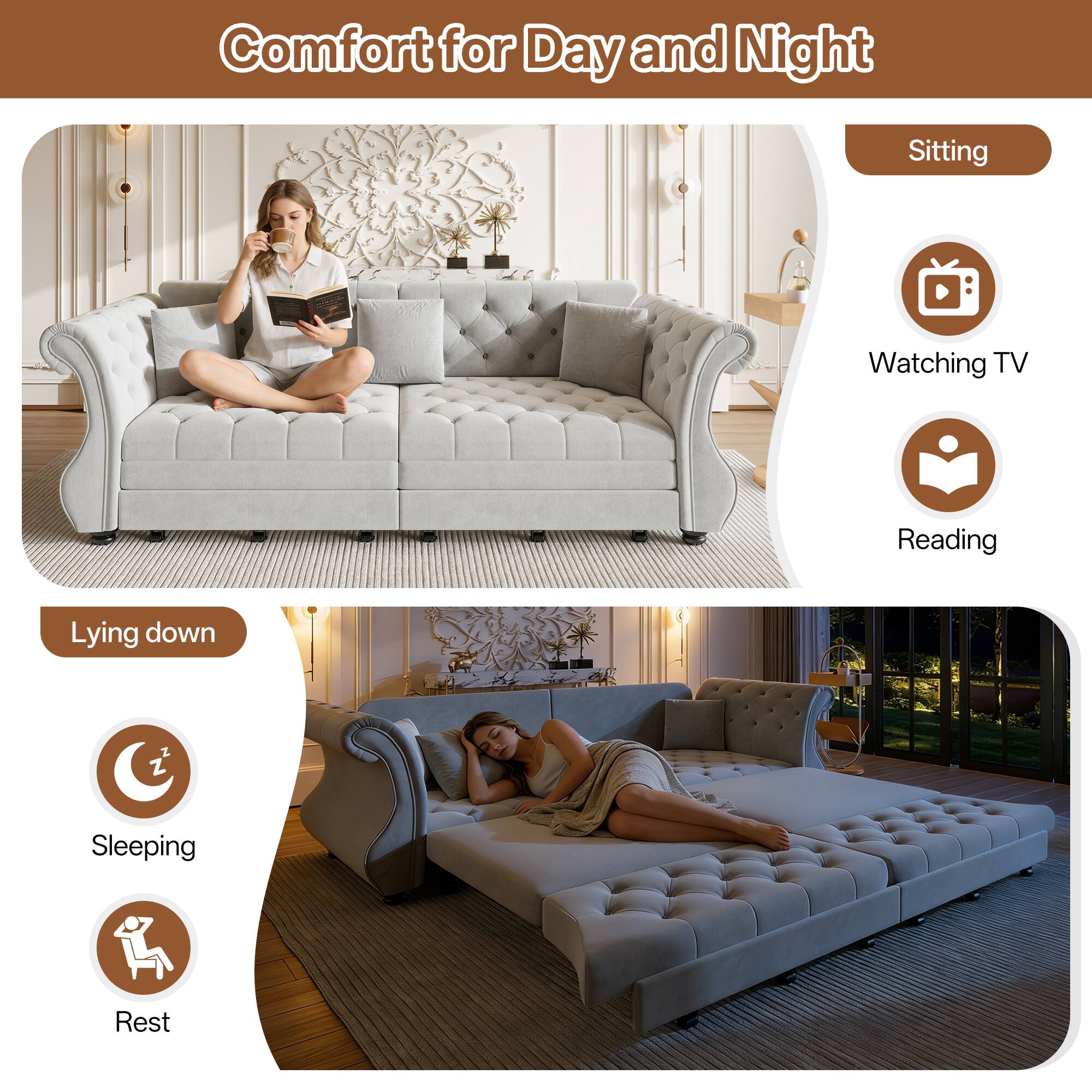 Comfort for Day and Night

Sitting
- Watching TV
- Reading

Lying down
- Sleeping
- Rest