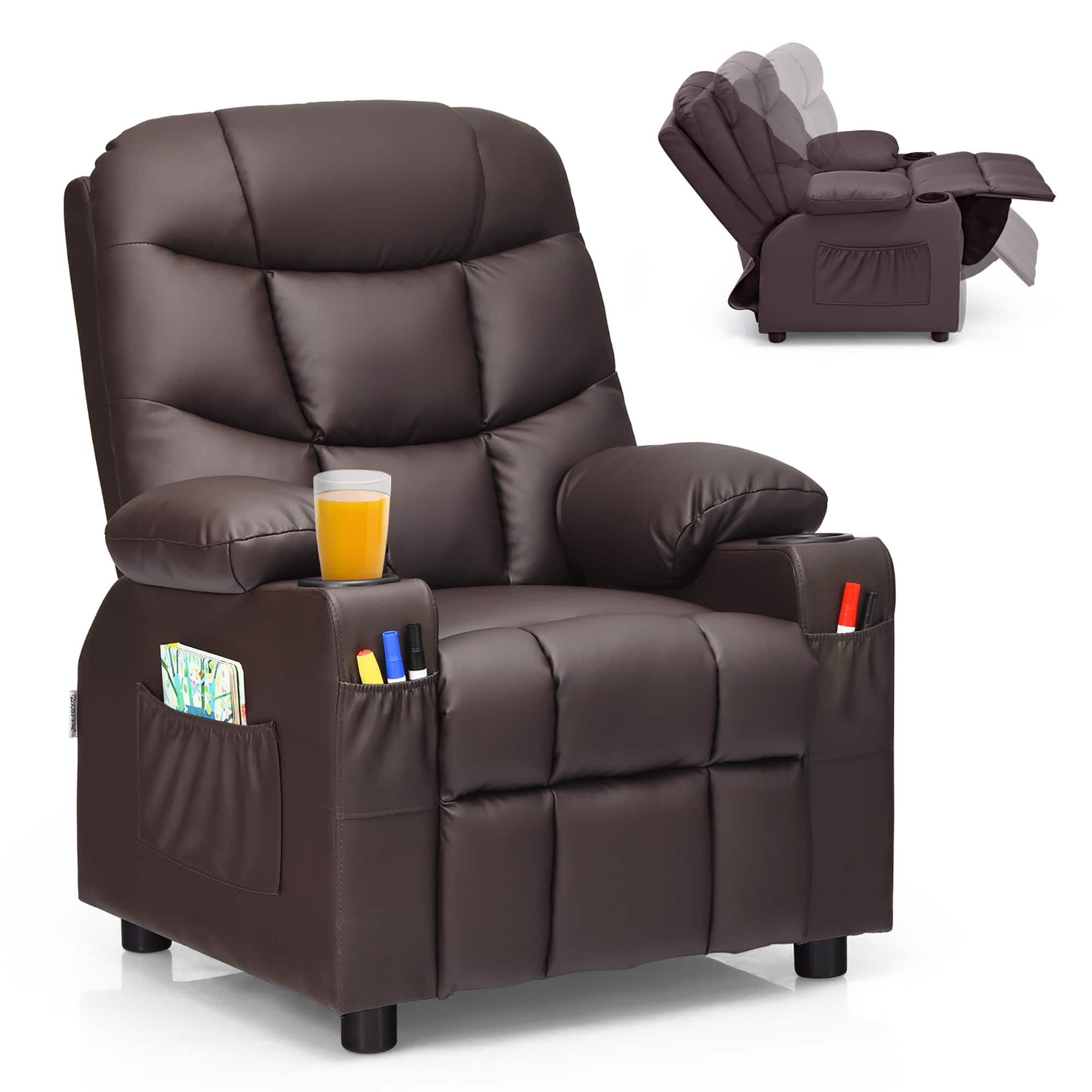 Front. Costway - Costway Kids Youth Recliner Chair PU Leather w/Cup Holders & Side Pockets - Brown.