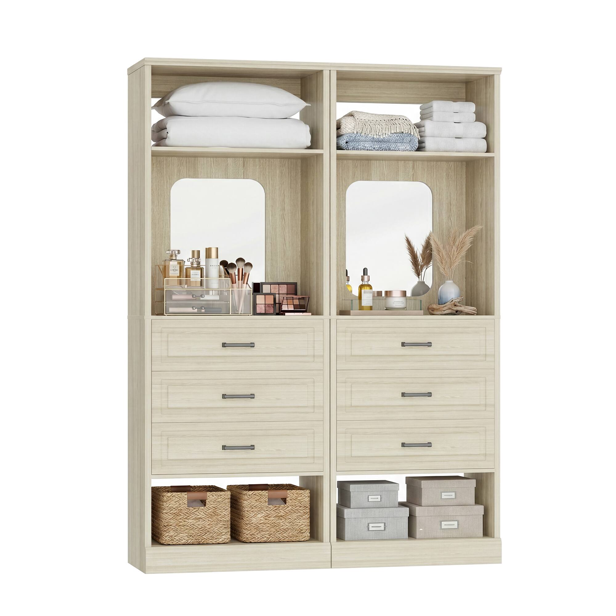 Angle. Aheaplus - 50" W Modular Closet Storage System Set of 2, Freestanding Wardrobe with 6 Wooden Drawers & 2 HD Mirrors - Beige Oak.