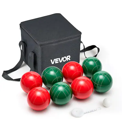 Front. VEVOR - Bocce Ball Set, 107 mm, with 8 Resin Balls, Pallino, Carrying Bag and Measuring Rope, Red and Green 2 Colors - Green, Red.