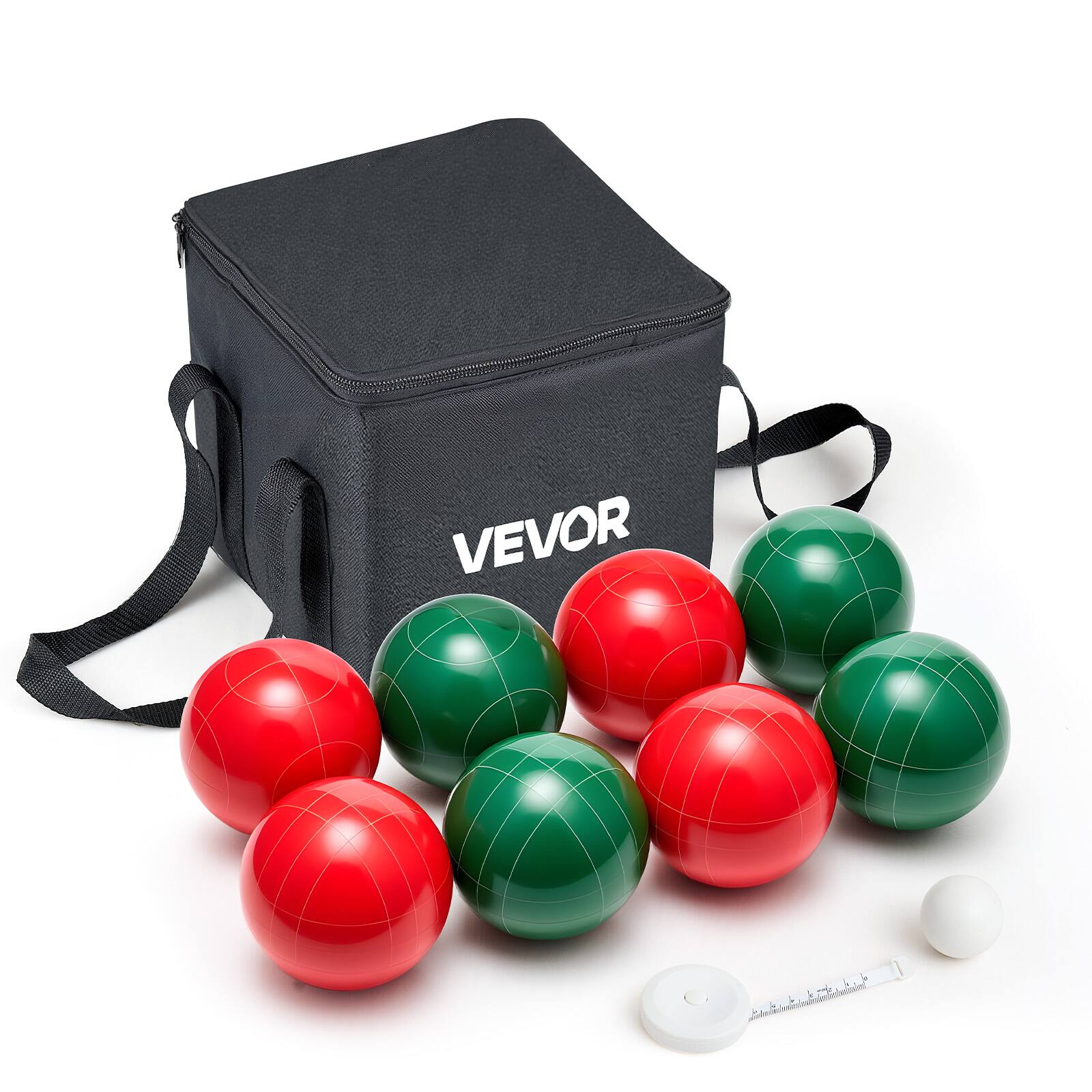 Front. VEVOR - Bocce Ball Set, 107 mm, with 8 Resin Balls, Pallino, Carrying Bag and Measuring Rope, Red and Green 2 Colors - Green, Red.