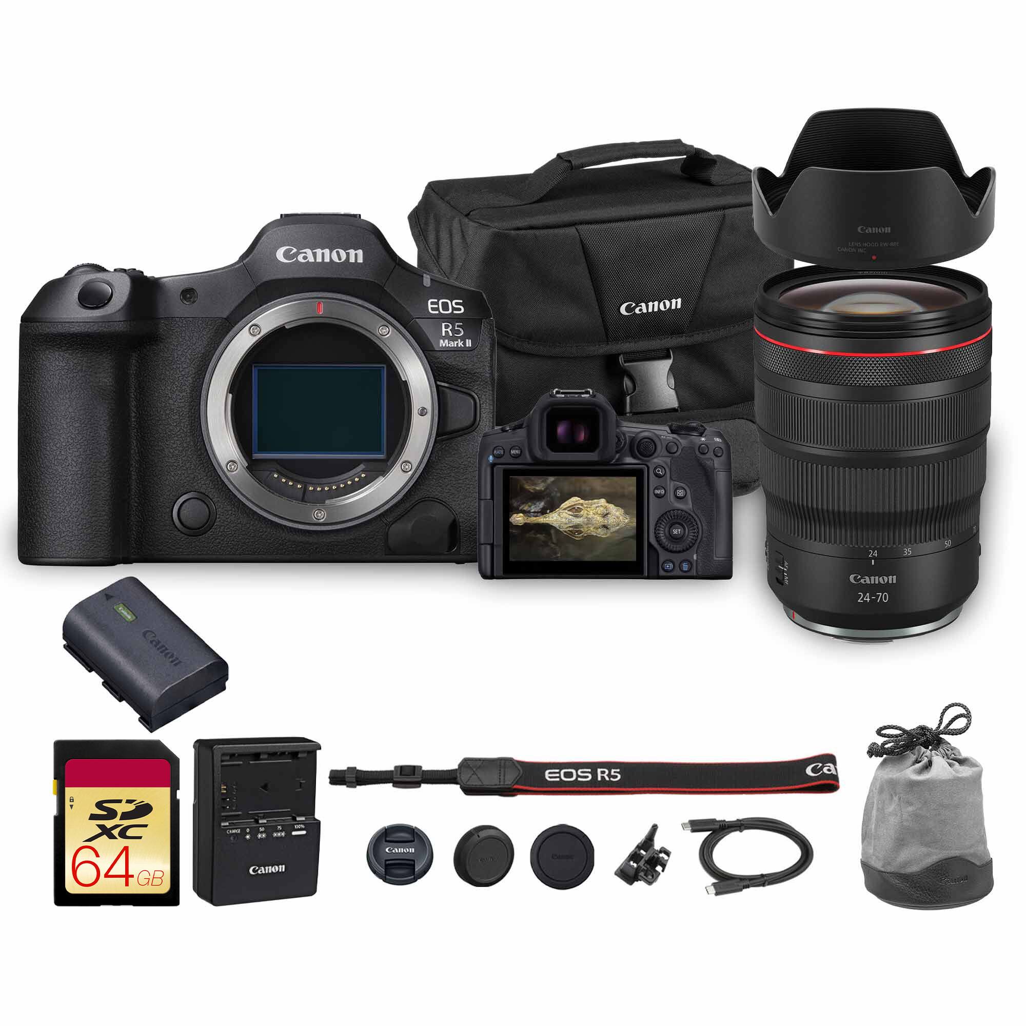 Canon EOS R5 Mark II  
Canon 24-70mm Lens  
Canon 64 GB SD Card  
Canon Battery Charger  
Canon Battery  
Canon Lens Hood  
Canon Lens Cap  
Canon Camera Strap  
Canon Camera Bag