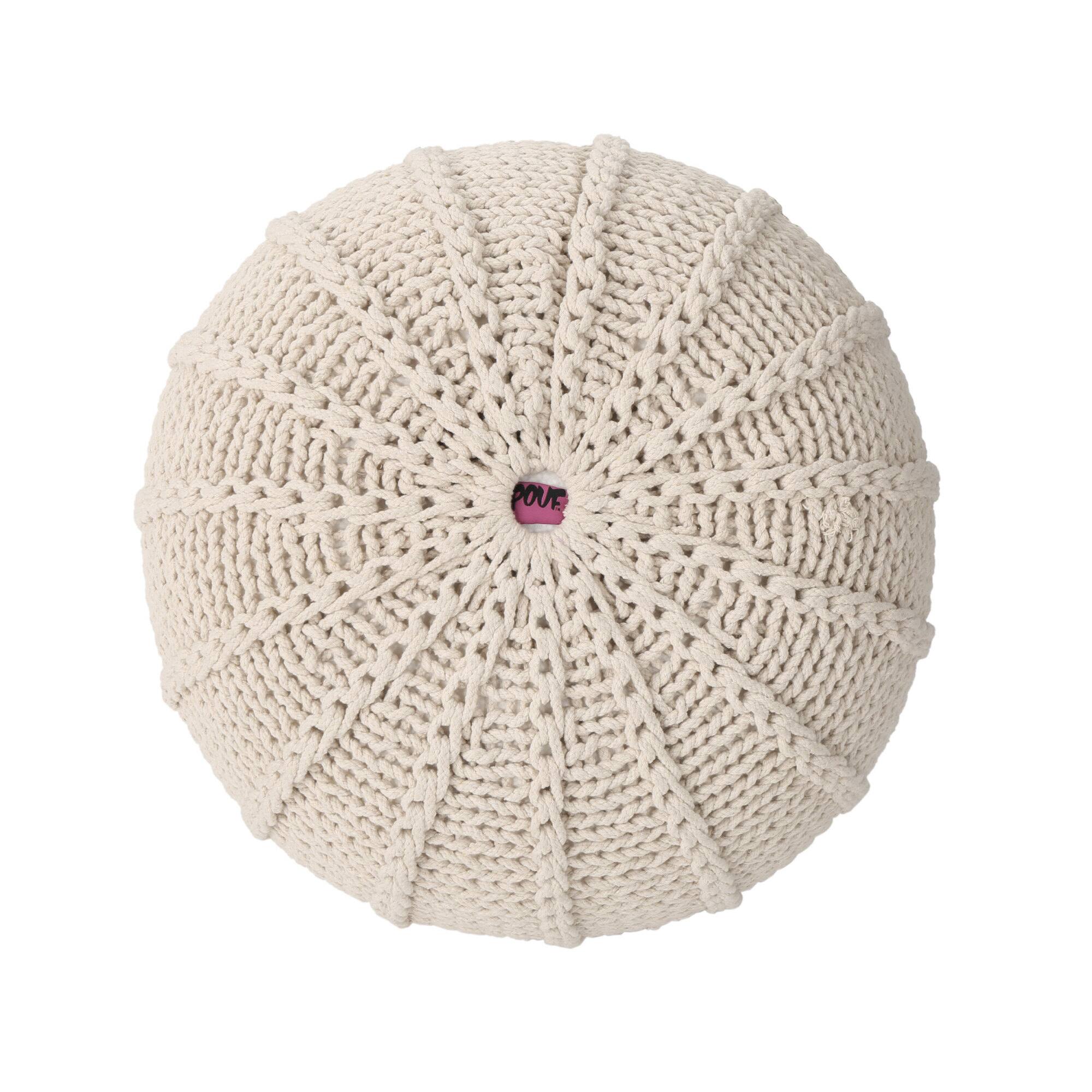 Back. GOODSILO - Knitted Cotton Round Pouf Ottoman Floor Cushion Stylish Home Decor Accessory - Beige.