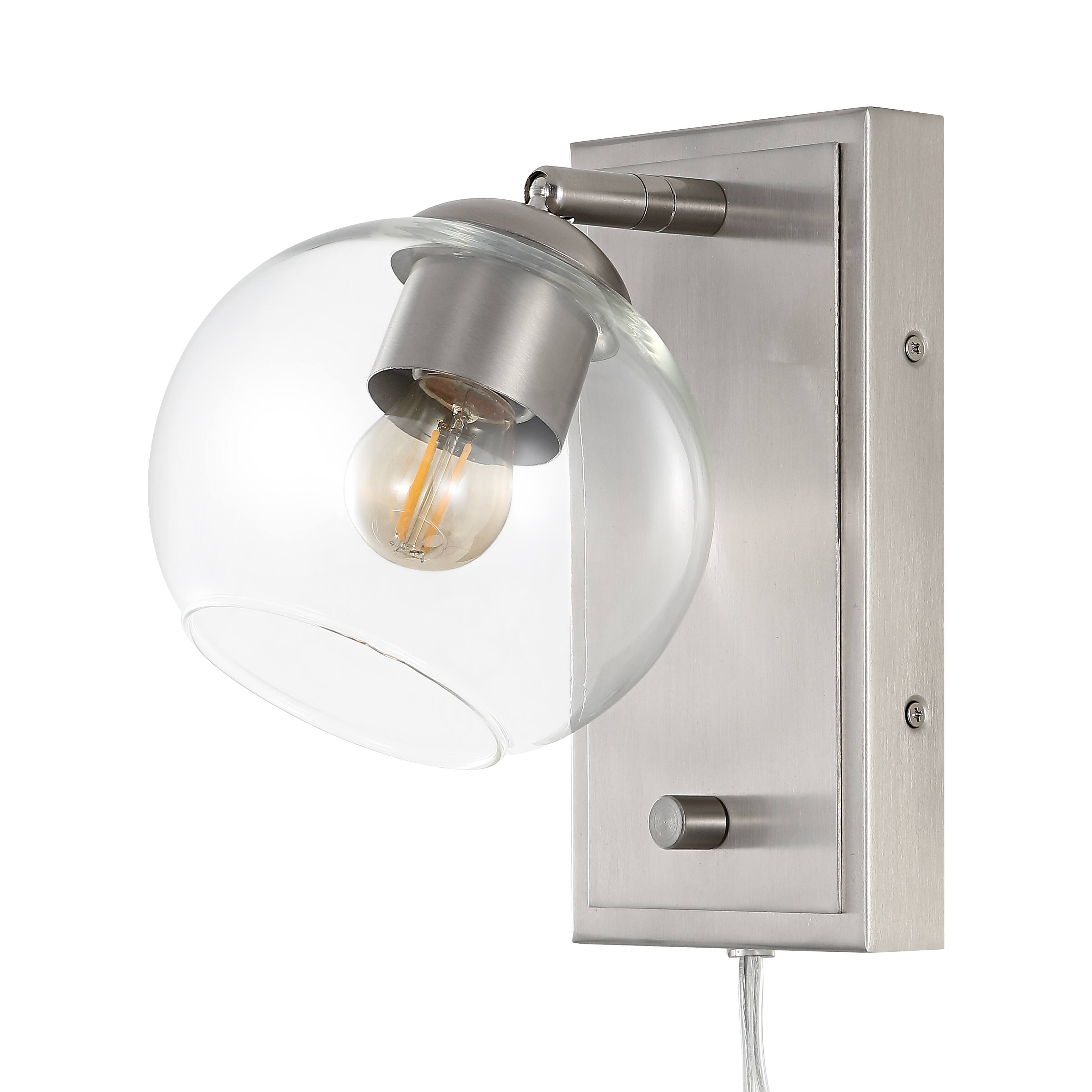 Alt View 6. Jonathan Y - Hugo 6" 1-Light Plug-In or Hardwired Adjustable Iron LED Wall Sconce with Rotary Dimmer, Nickel with Clear Globe - Nickel.