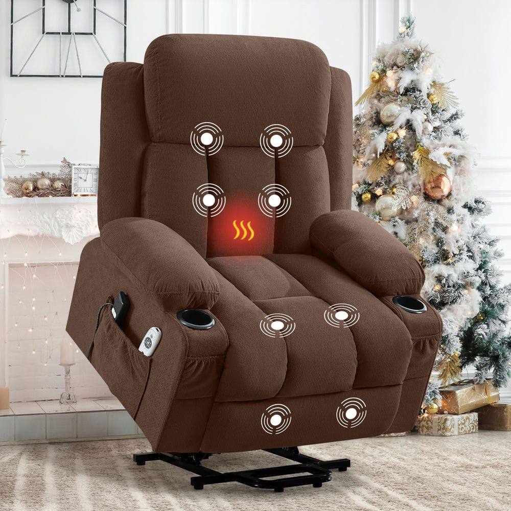 Front. Kadyn - Power Lift Recliner with Heat & Massage, Electric Fabric Recliner with Side Pocket & USB Port - Brown.