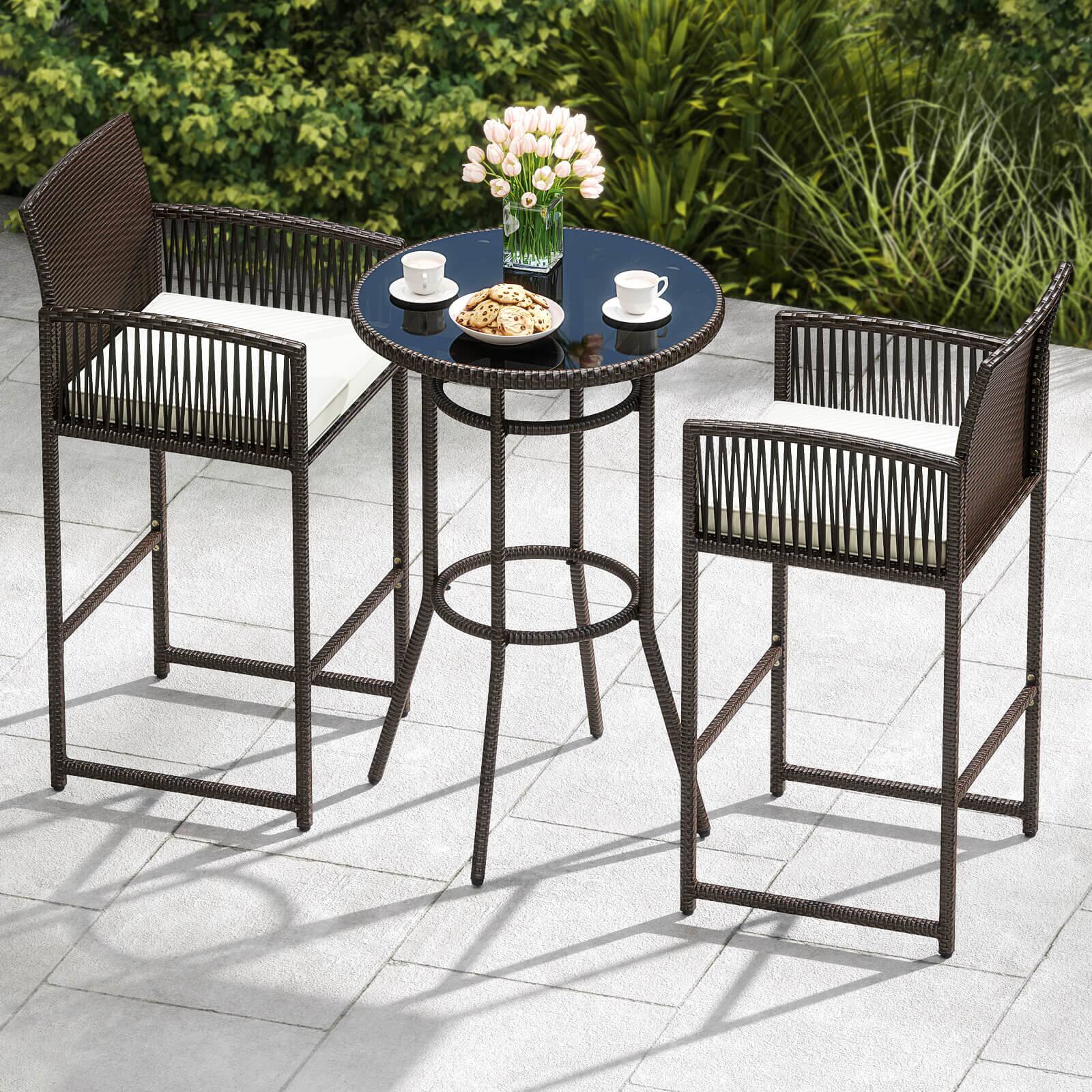 Alt View 3. Costway - Costway 3 Piece Wicker Patio Bar Set with 2 Seat Cushions Glass Tabletop for Backyard - Mix Brown,Off White.
