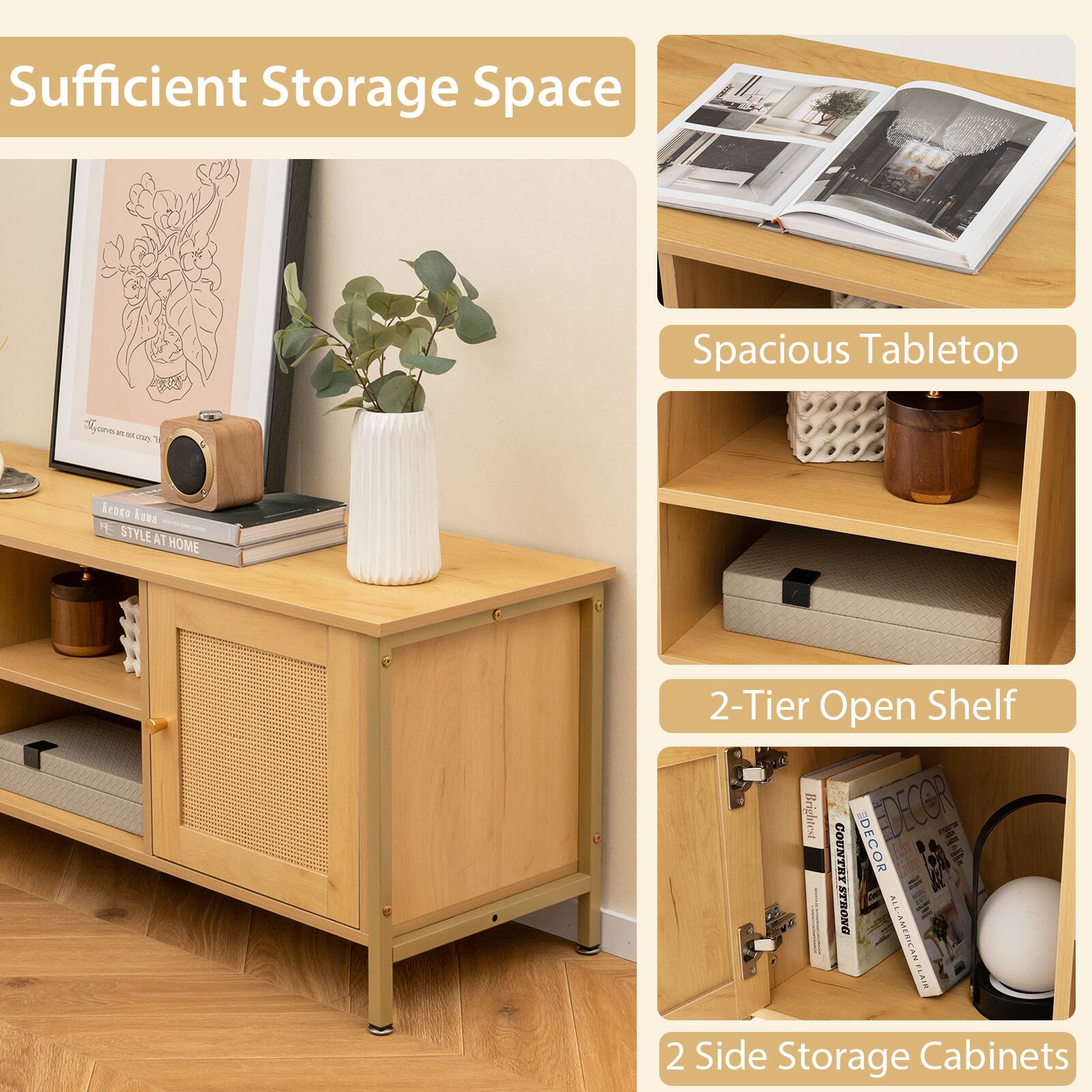 Sufficient Storage Space  
Spacious Tabletop  
2-Tier Open Shelf  
2 Side Storage Cabinets