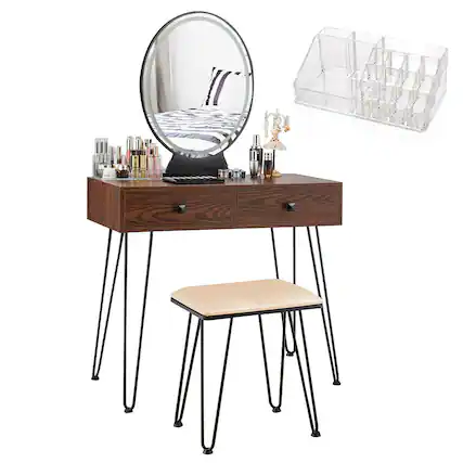 Front. Costway - Costway Industrial Vanity Makeup Dressing Table W/ 3 Lighting Modes Mirror Touch Switch - Coffee.