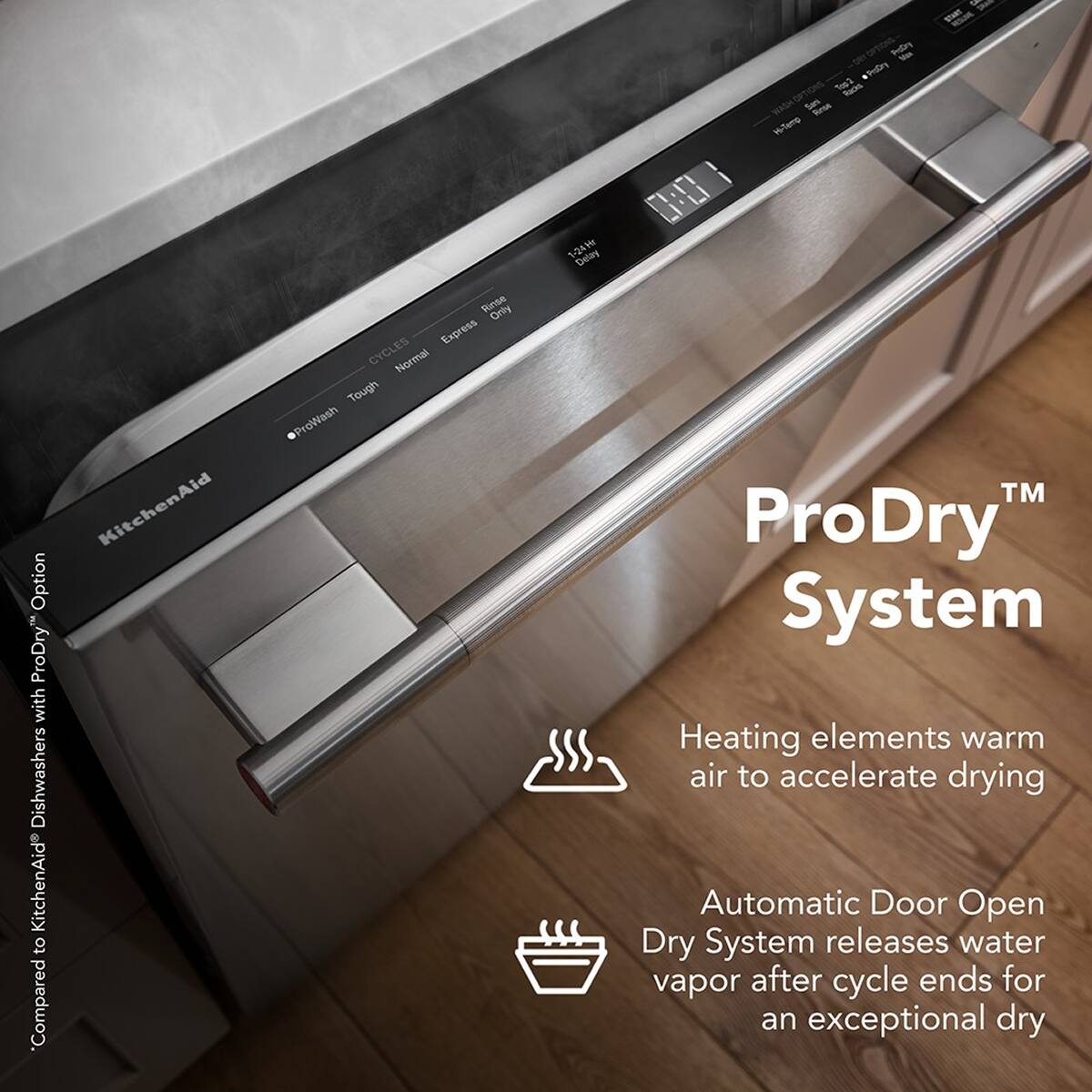 1-04 Delay Sodiry We sinry Lait Rucks Se Nrse Whemp 1 t Option ProDry with Dishwashers KitchenAid to "Compared KitchenAid Rinse Onay Express CYCLES Normal Tough @ProWash TM ProDry System Heating elements warm air to accelerate drying Automatic Door Open Dry System releases water vapor after cycle ends for an exceptional dry