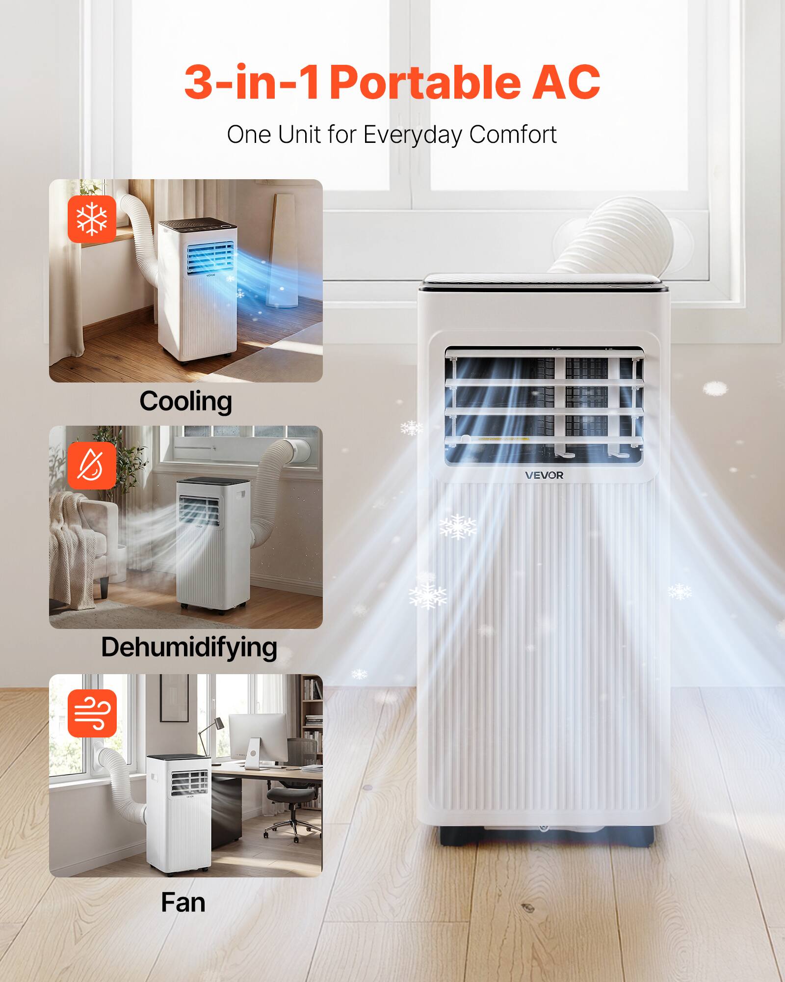 3-in-1 Portable AC  
One Unit for Everyday Comfort

Cooling

Dehumidifying

Fan