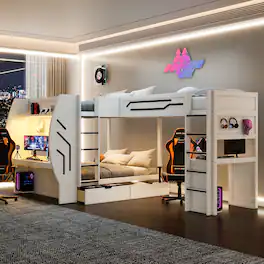 Whisen - L-Shaped Full and Twin Size Gaming Bunk Bed with Built-in Desks,Storage,Pegboard,LED Light and Charging Station - White