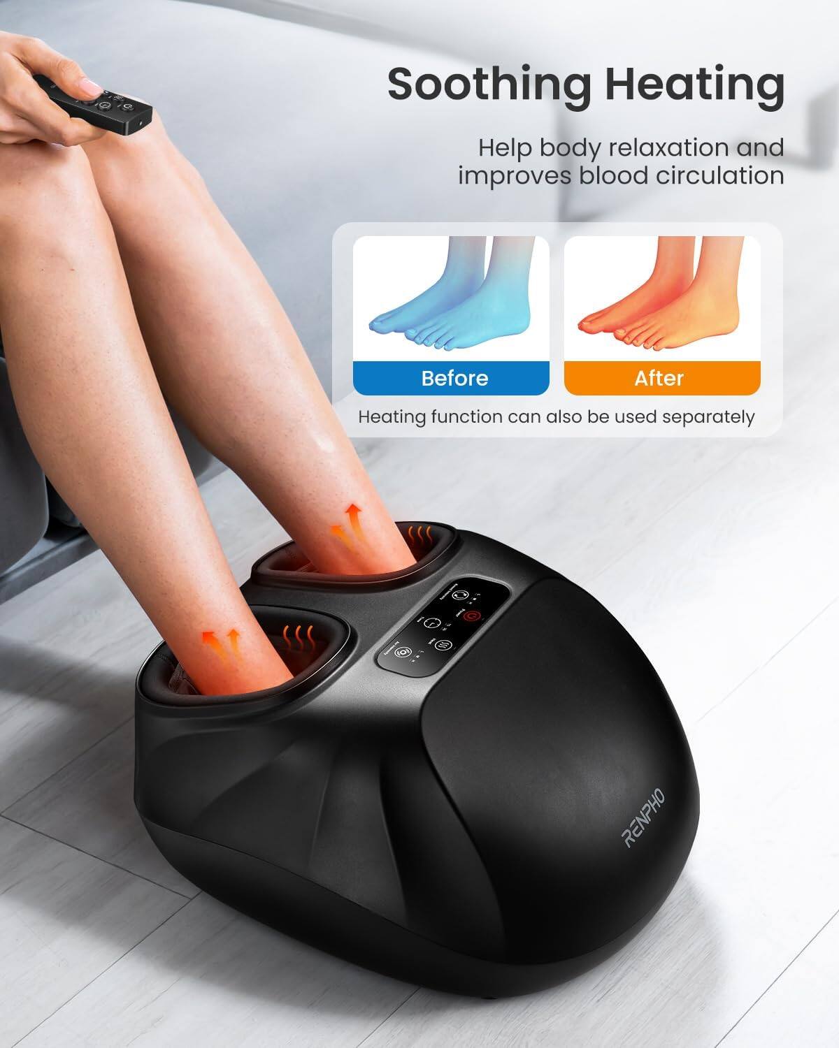 Soothing Heating  
Help body relaxation and improves blood circulation  
Before After  
Heating function can also be used separately  
10: 3 RENPHO