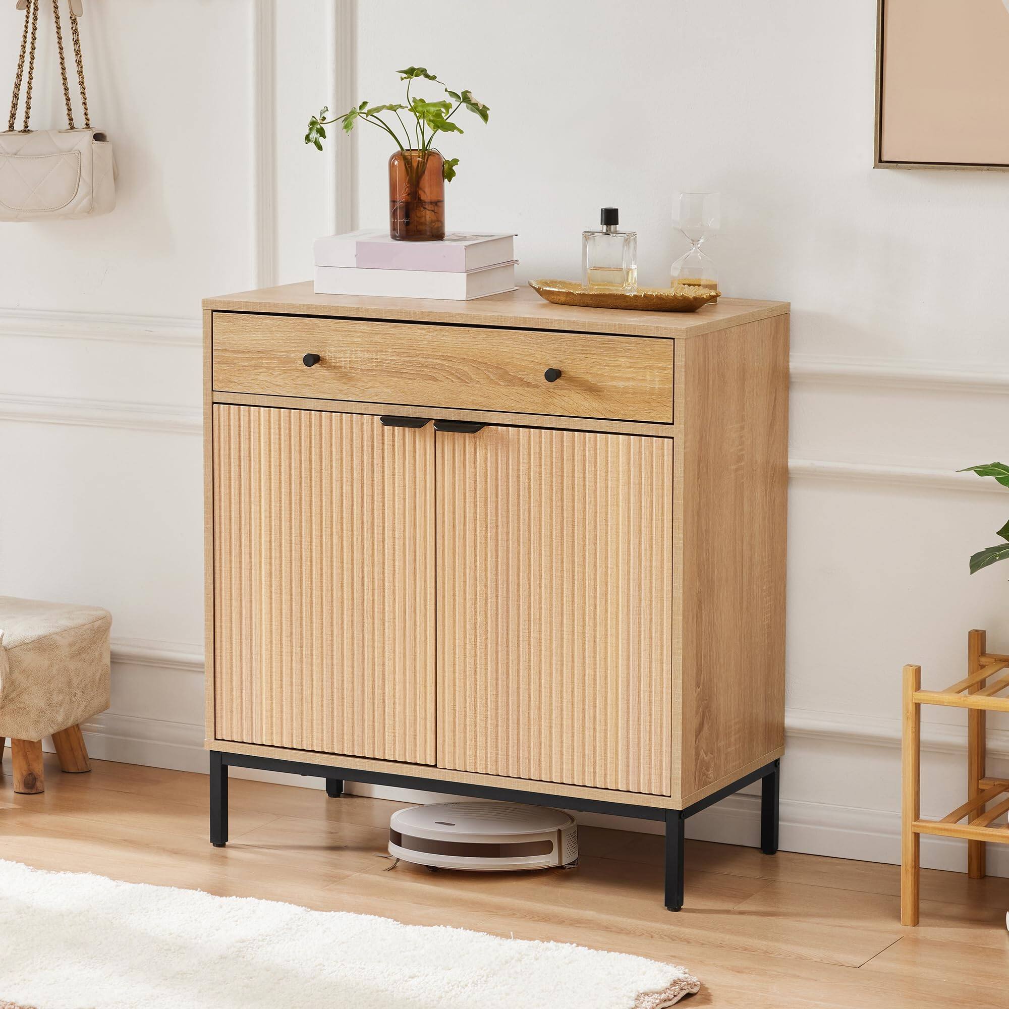 Alt View 6. Cedar Assembly - Farmhouse Buffet Sideboard Cabinet With Storage Fluted Coffee Bar Doors And Adjustable Shelves Modern Wood ... - Walnut Fluted 4 Door.