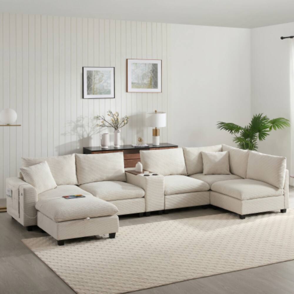 Alt View 4. LUCKY ONE - 140" Oversized U-Shaped 6-Seat Modular Corduroy Sectional Sofa w/ Storage Ottoman & Console - Beige.