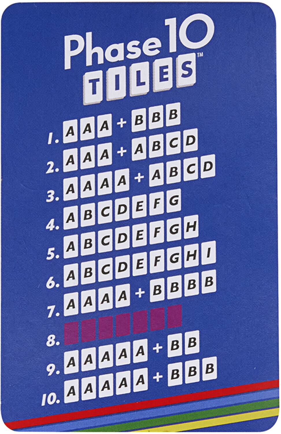 Phase 10™ TOOLS

1. A A A + B B B  
2. A A A + A B C D  
3. A A A A + A B C D  
4. A B C D E F G H  
5. A B C D E F G H I  
6. A A A A + B B B B  
7. A A A A A + B B  
8. A A A A A + B B B  
9. A A A A A  
10.