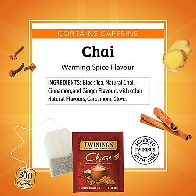 CONTAINS CAFFEINE

Chai  
Warming Spice Flavour

INGREDIENTS: Black Tea, Natural Chai, Cinnamon, and Ginger Flavours with other Natural Flavours, Cardamom, Clove.

TWININGS Chai Flavoured Black Tea  
1 Tea Bag

SOURCED WITH CARE

OVER 300 YEARS OF EXPERTISE