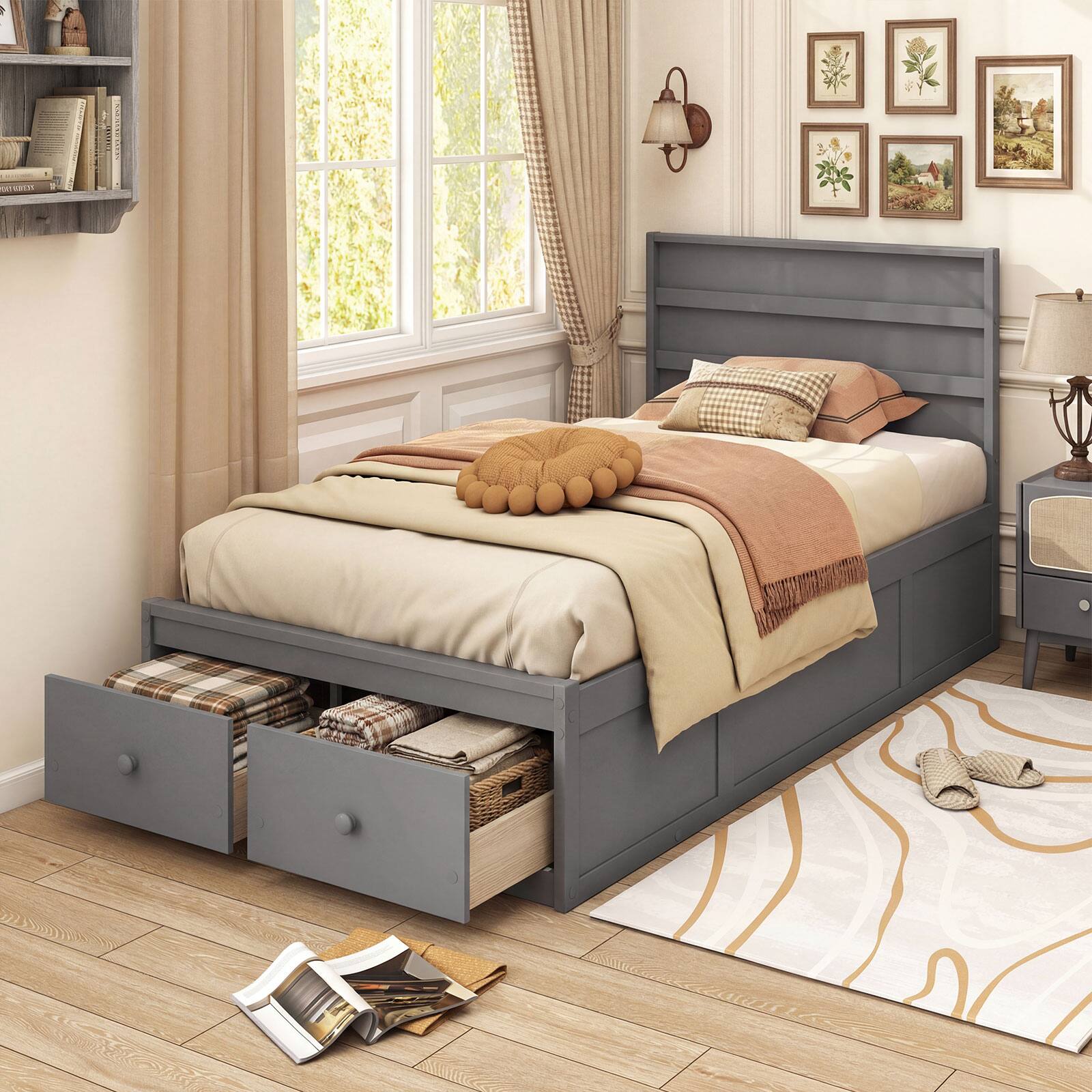 Alt View 4. Gymax - Gymax Full Size Bed Frame w/Storage Drawers Headboard Wooden Slat&Enclosed Base Gray - Grey.