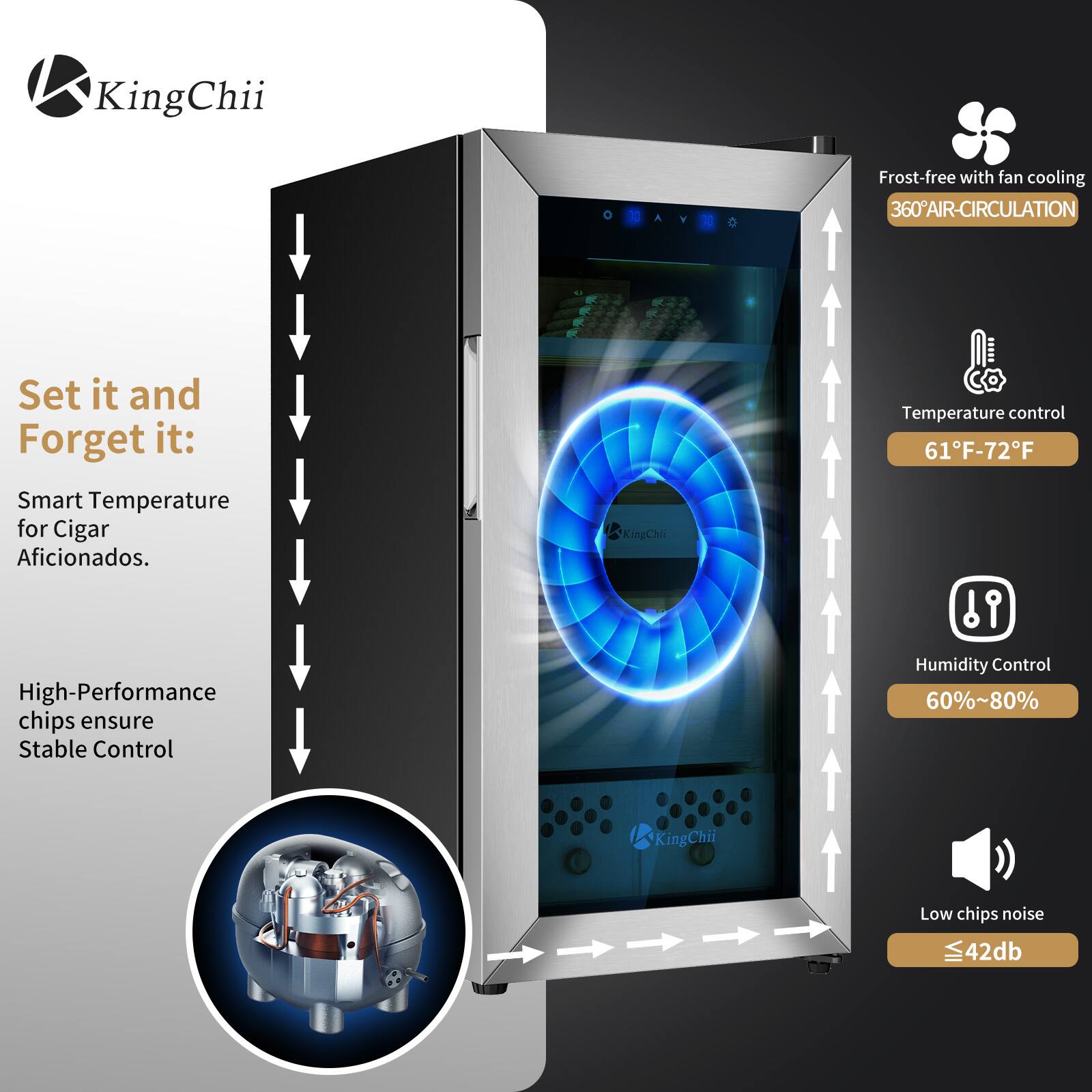 KingChii  
Frost-free with fan cooling  
360° AIR-CIRCULATION  

Set it and Forget it:  
Smart Temperature for Cigar Aficionados.  

High-Performance chips ensure Stable Control  

KingChii Temperature control 61°F-72°F  
Humidity Control 60%~80%  
KingChii Low chips noise ≤42dB