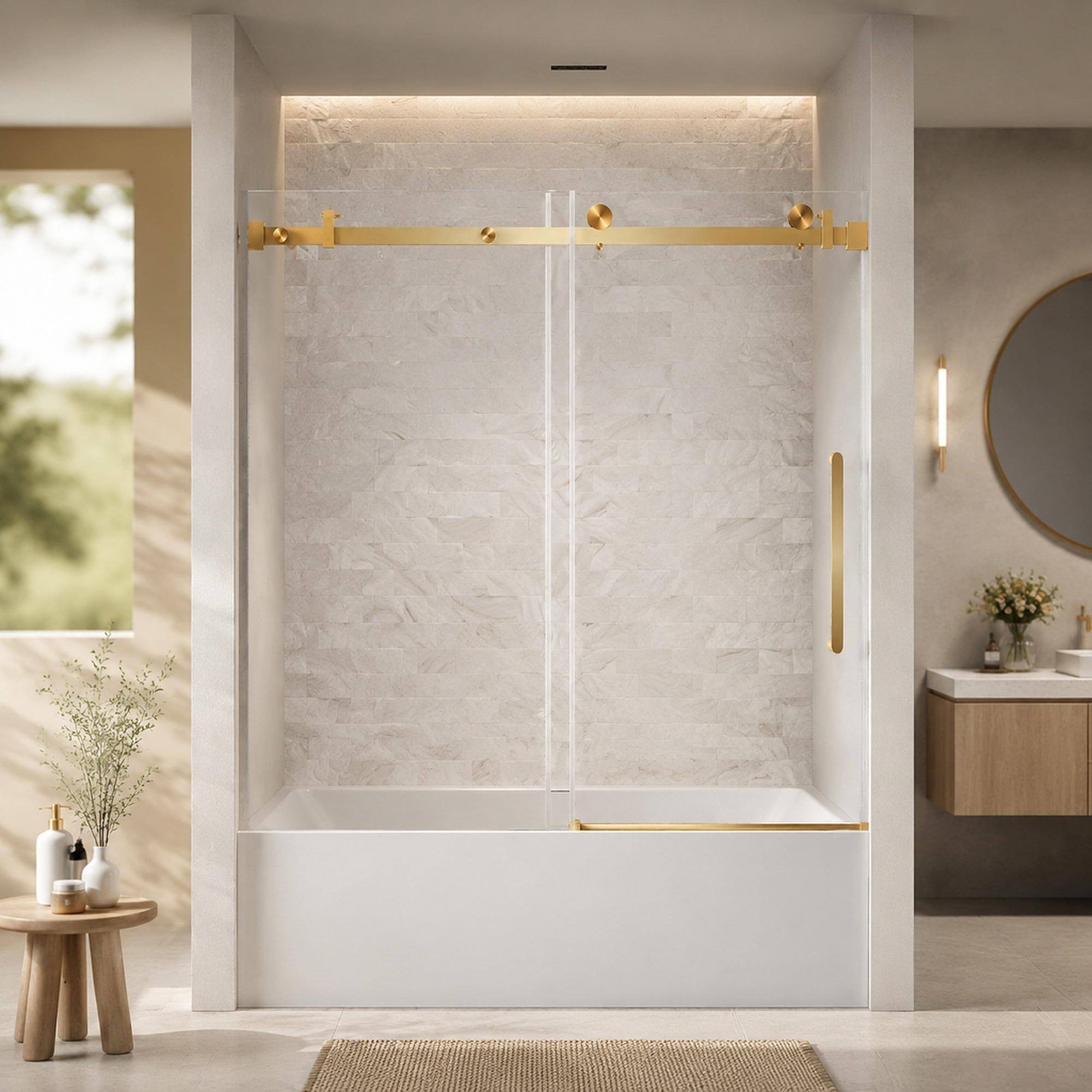 Front. RYHNUYNE - 56-60 In W X 60 In H Frameless Single Sliding Shower Door, 1/4 In Clear Tempered Glass With Handle Brushed Gold Finish - Brushed Gold.