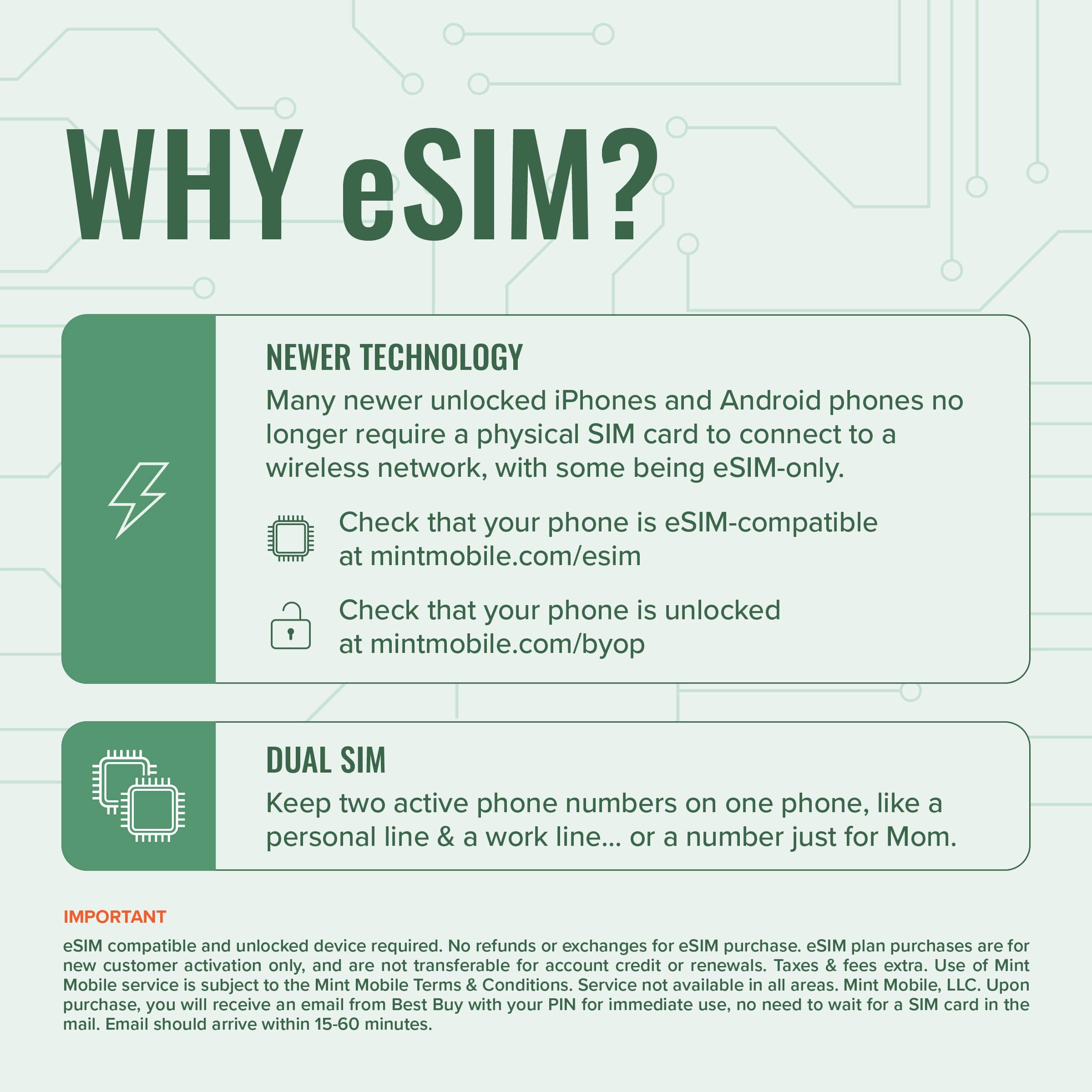 Why eSIM?
New technology: Many newer unlocked iPhones and Android phones no longer require a physical SIM card to connect to a wireless network, with some being eSIM-only. Check that your phone is eSIM-compatible at mintmobile.com/esim.
Dual SIM: Keep two active phone numbers on one phone, like a personal line & a work line... or a number just for Mom.
Important: eSIM-compatible and unlocked device required. No refunds or exchanges for eSIM purchase. eSIM plan purchases are for new customer activation only, and are not transferable for account credit or renewals. Taxes & fees extra. Use of Mint Mobile service is subject to the Mint Mobile Terms & Conditions. Service not available in all areas. Mint Mobile, LLC. Upon purchase, you will receive an email from Best Buy with your PIN for immediate use. No need to wait for a SIM card in the mail. Email should arrive within 15-60 minutes.