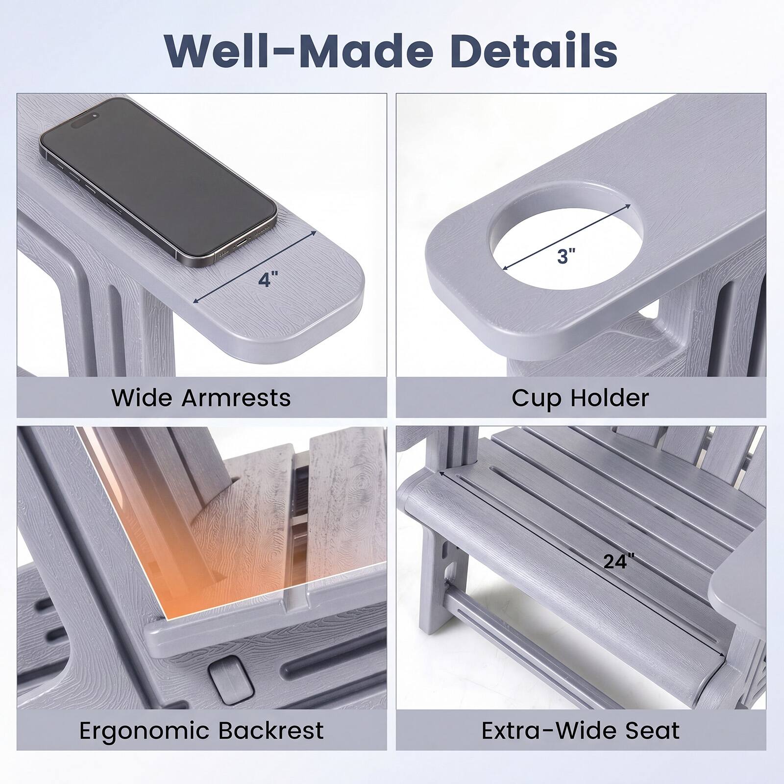 Well-Made Details

- 4" Wide Armrests
- 3" Cup Holder
- 24" Ergonomic Backrest
- Extra-Wide Seat