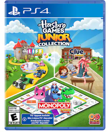 PS4. Hasbro GAMES JUNIOR COLLECTION the LIFE Clue of JUNIOR JUNIOR Coas : TRR N m -NSITOAT EVERYONE ENFANTS et ADULTES E ESRB ? nr - MONOPOLY JUNIOR EAMT - ESs PS5 Upgrade Available Mise niveau PS5 disponible' k.Re. : & Actualizacin a versin para PS5 disponible' d a OG Outright Games - E (Everyone)
