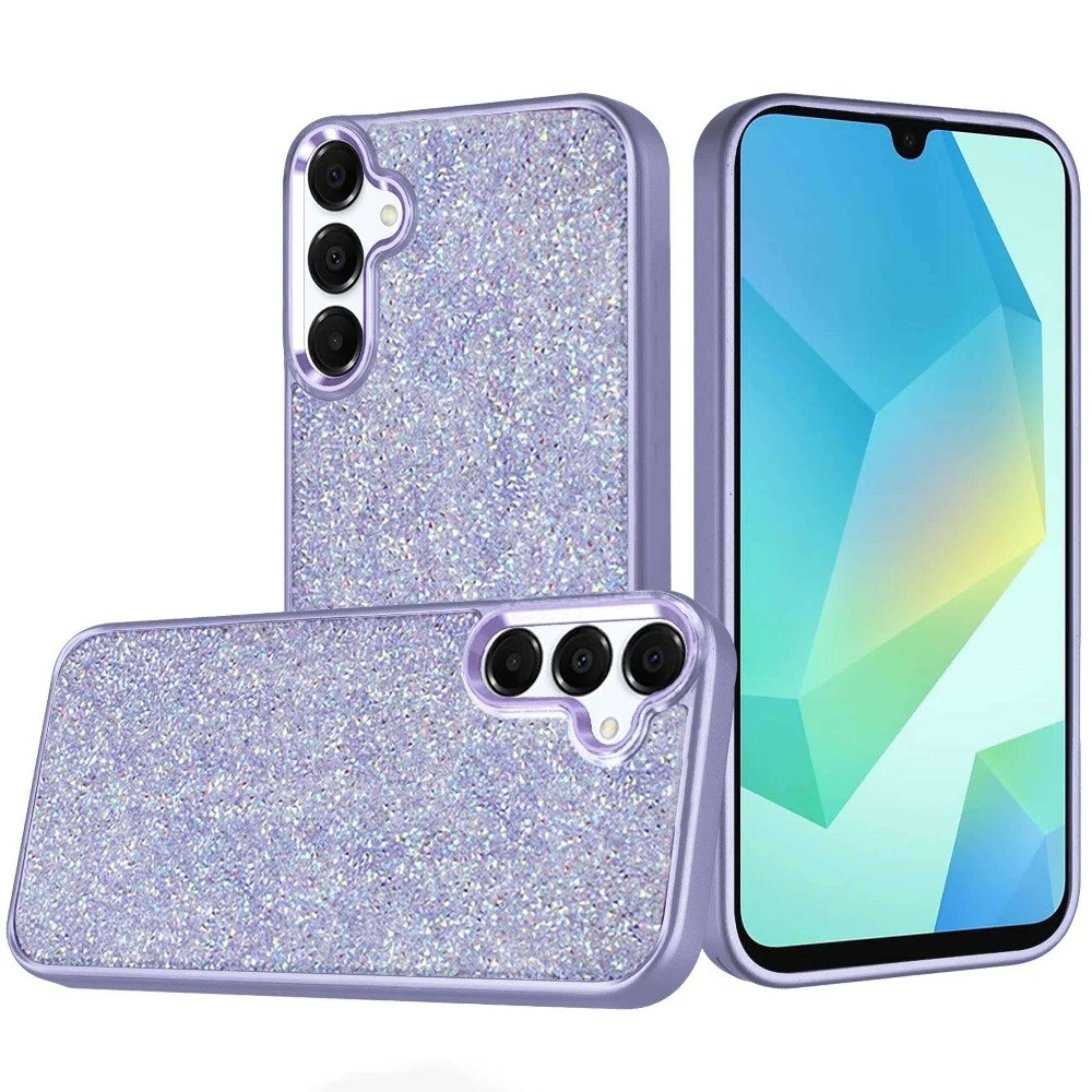 Front. Kitcheniva - Full Crystal Bling Metallic Button Case With Tempered Glass For Samsung A16 5G Dark Purple - Blue.