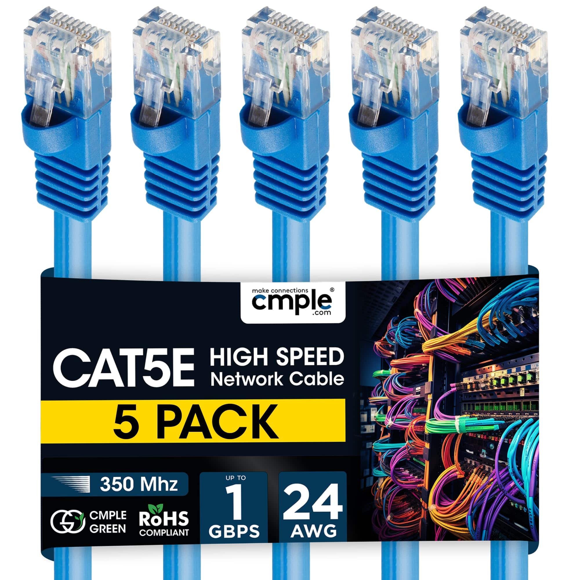 Cmple.com - Cmple - 5 Pack Cat5e Ethernet Cable 15 ft, Router Patch Cord, Internet Cat5 Cables, RJ45, LAN Network Wire - Blue