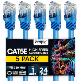 Cmple.com - Cmple - 5 Pack Cat5e Ethernet Cable 15 ft, Router Patch Cord, Internet Cat5 Cables, RJ45, LAN Network Wire - Blue