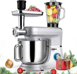 GlowWise - 6-in-1 Multifunctional Stand Mixer, 8.5QT with Dough Hook, Whisk, Beater & Meat Grinder Attachments - Silvery