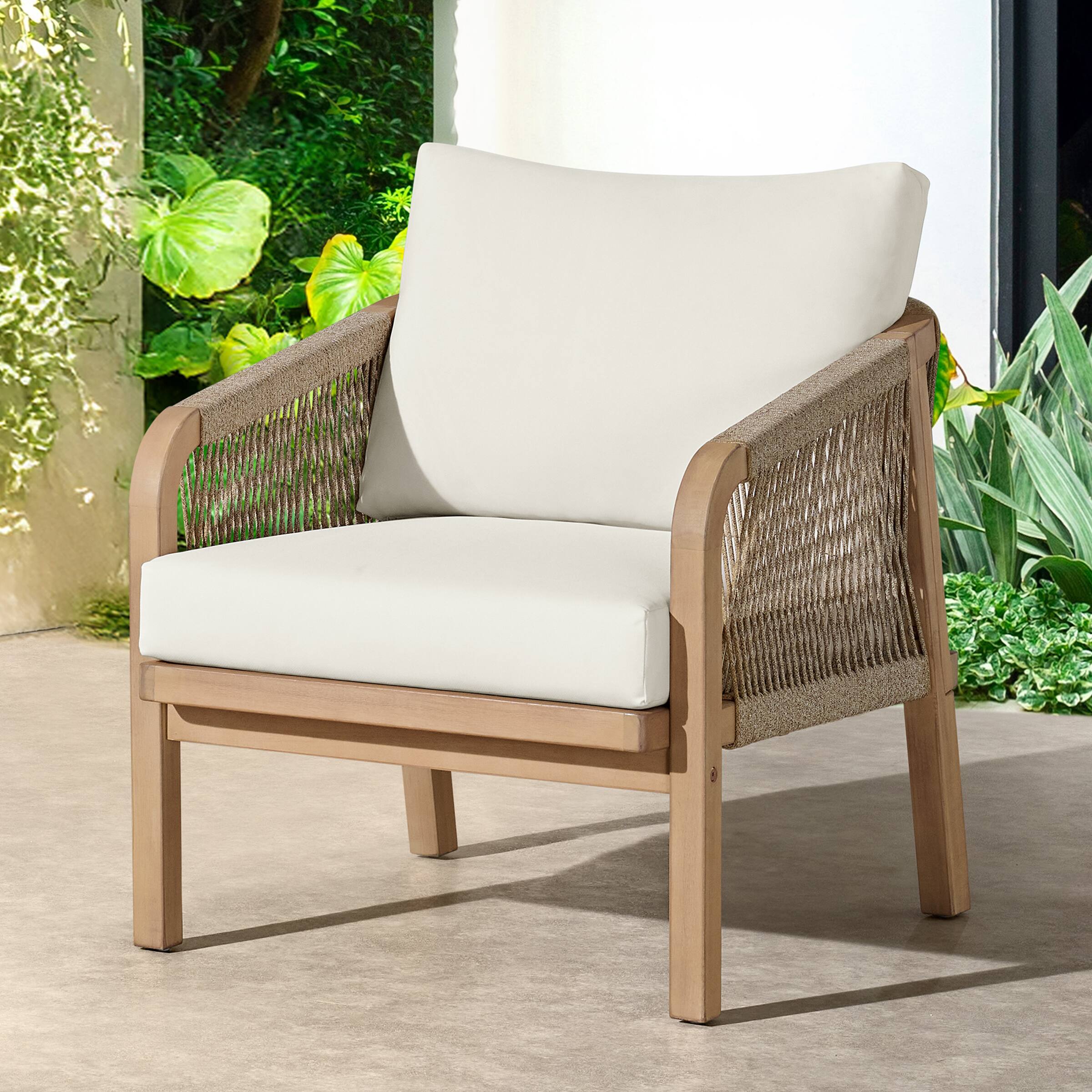 Alt View 1. Alaterre Furniture - Lusso Outdoor Patio Chair Weather-Resistant Eucalyptus Wood Armchair with Thick Cushions and Rope Accent - Brown.