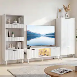 Aheaplus - 30-60" 3-in-1 TV Stand Storage Set: RGB LED Lights, Built-in Charging Station, Fluted Wood Doors,Ships in 3 Packages - White