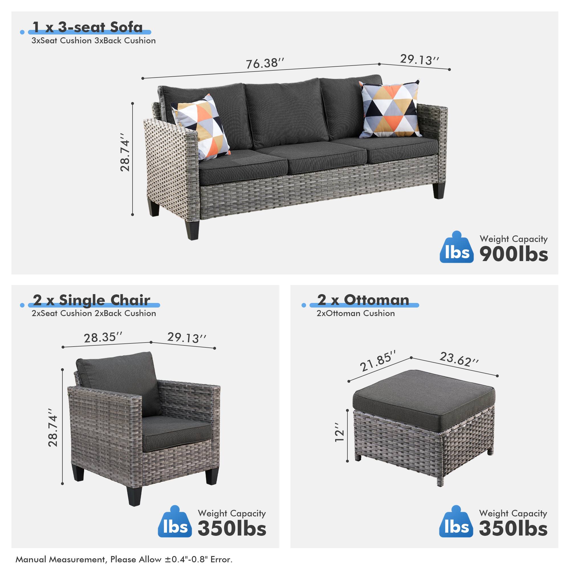 1 x 3-seat Sofa  
3xSeat Cushion 3xBack Cushion  
76.38" 29.13" 28.74"  
Weight Capacity lbs 900lbs  

2 x Single Chair  
2xSeat Cushion 2xBack Cushion  
28.35" 29.13" 28.74"  
Weight Capacity lbs 350lbs  

2 x Ottoman  
2xOttoman Cushion  
21.85" 23.62" 12"  
Weight Capacity lbs 350lbs  

Manual Measurement, Please Allow ±0.4"-0.8" Error.