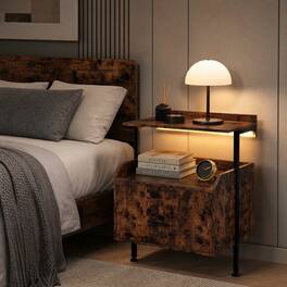 WELLFOR - Wall-mounted Nightstand with LED Lights and Charging Station for Bedroom - Rustic Brown