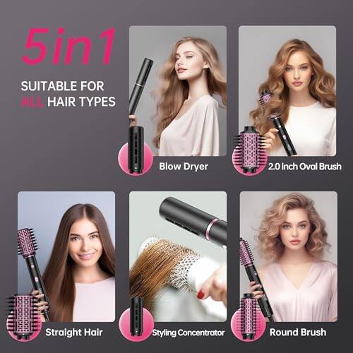 5in1  
SUITABLE FOR ALL HAIR TYPES  
- Blow Dryer  
- 2.0 inch Oval Brush  
- Straight Hair Styling Concentrator  
- Round Brush